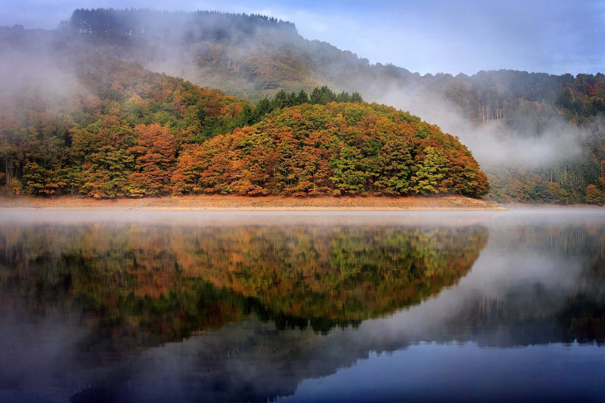 nature landscape trees luxemburg forest water mist fall hill reflection clouds