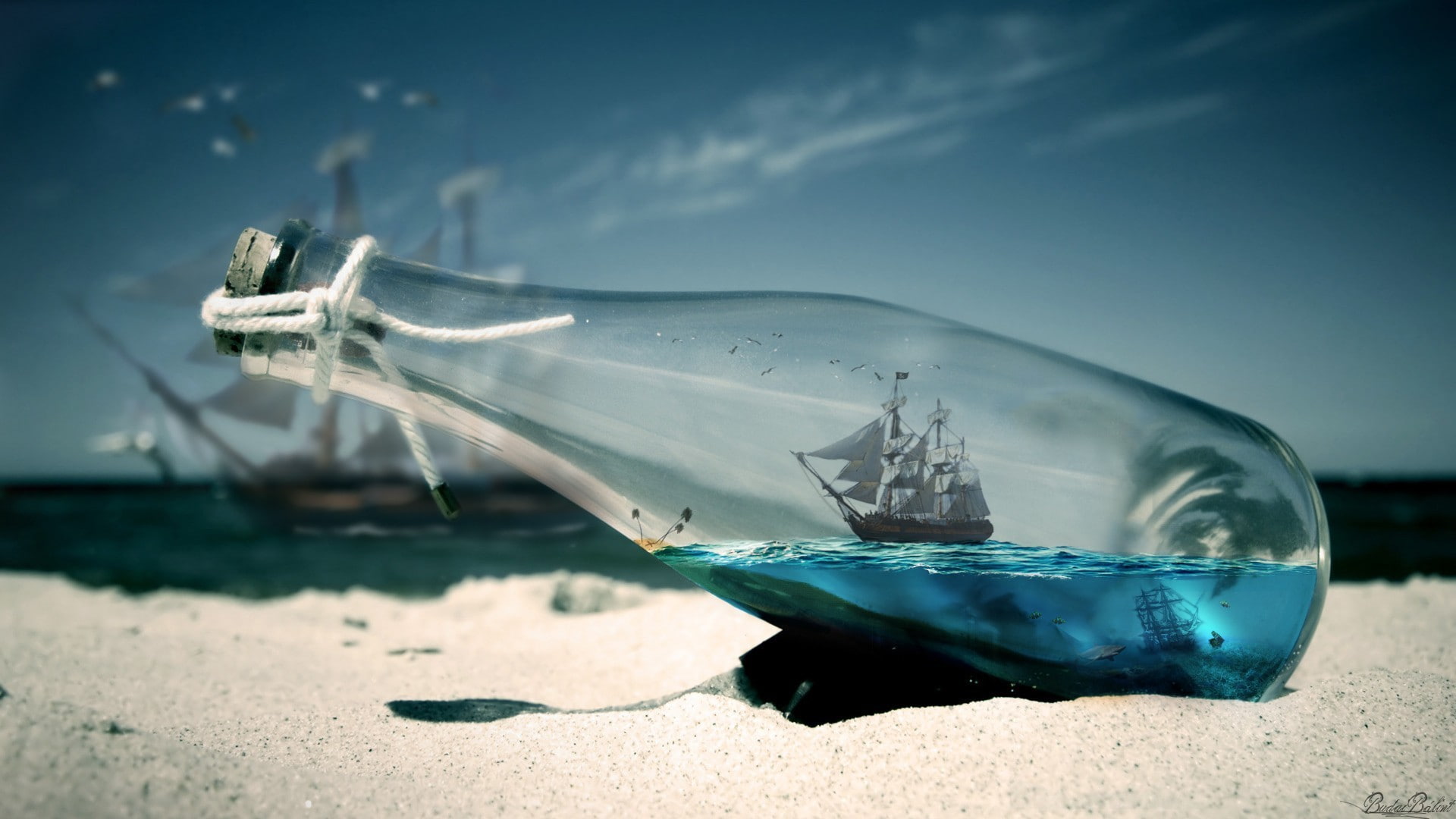 beach, sunset, bottles, thread, sailing ship, depth of field