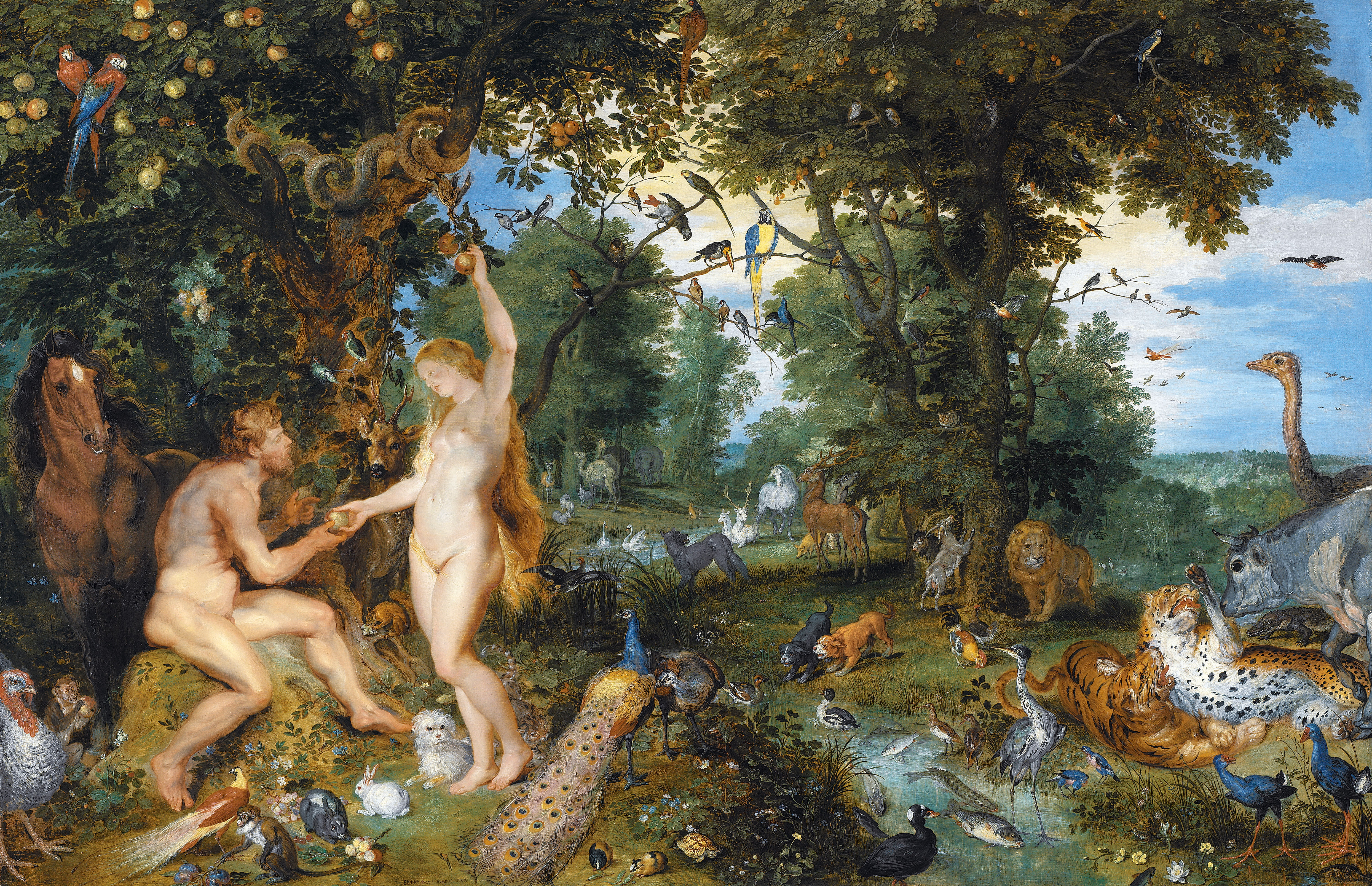 the sky, trees, birds, animals, Paradise, Apple, Peter Paul Rubens