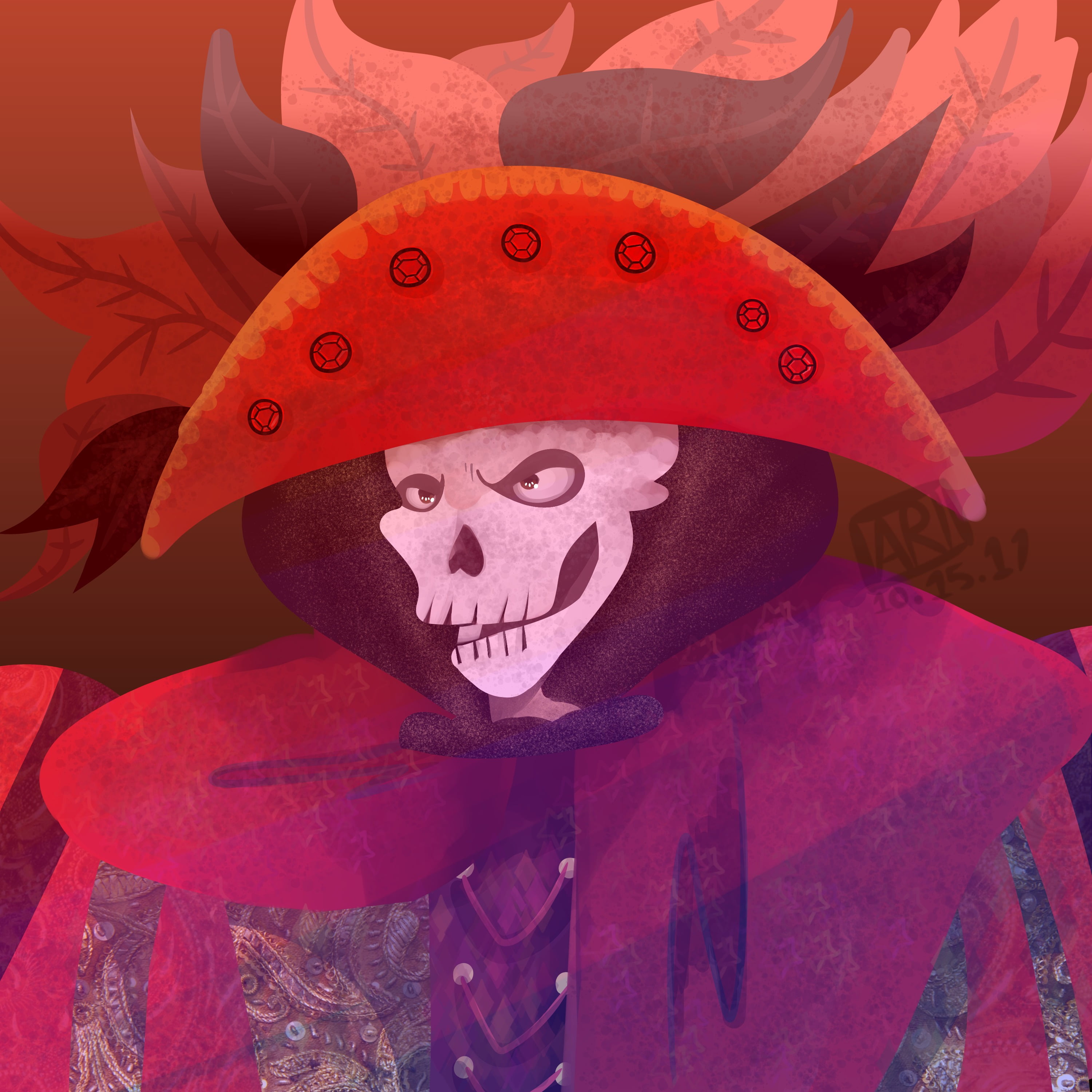 artwork, skull, hat, digital art, illustration, leaves, purple