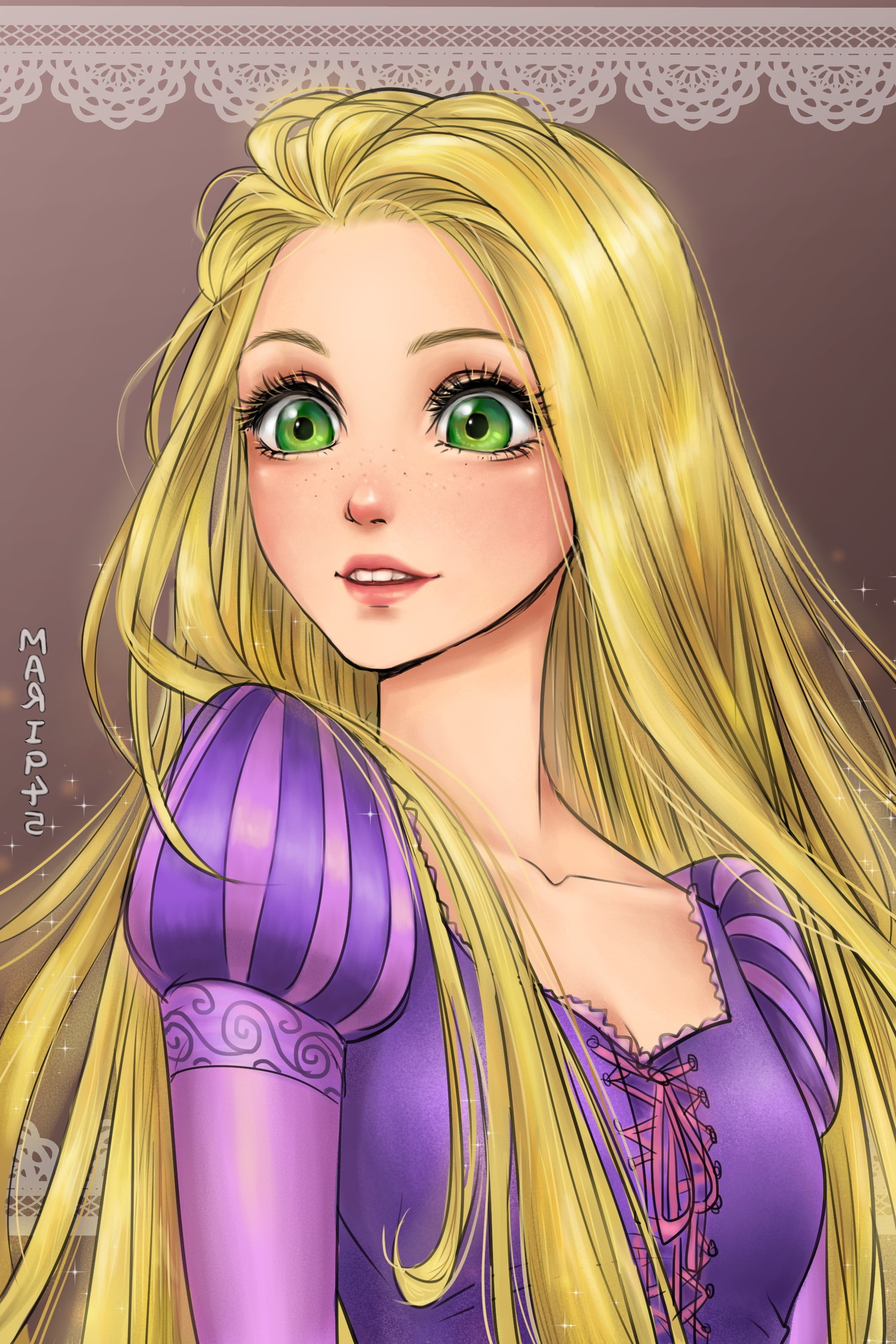 rapunzel blonde women green eyes long hair dress pink purple fantasy art