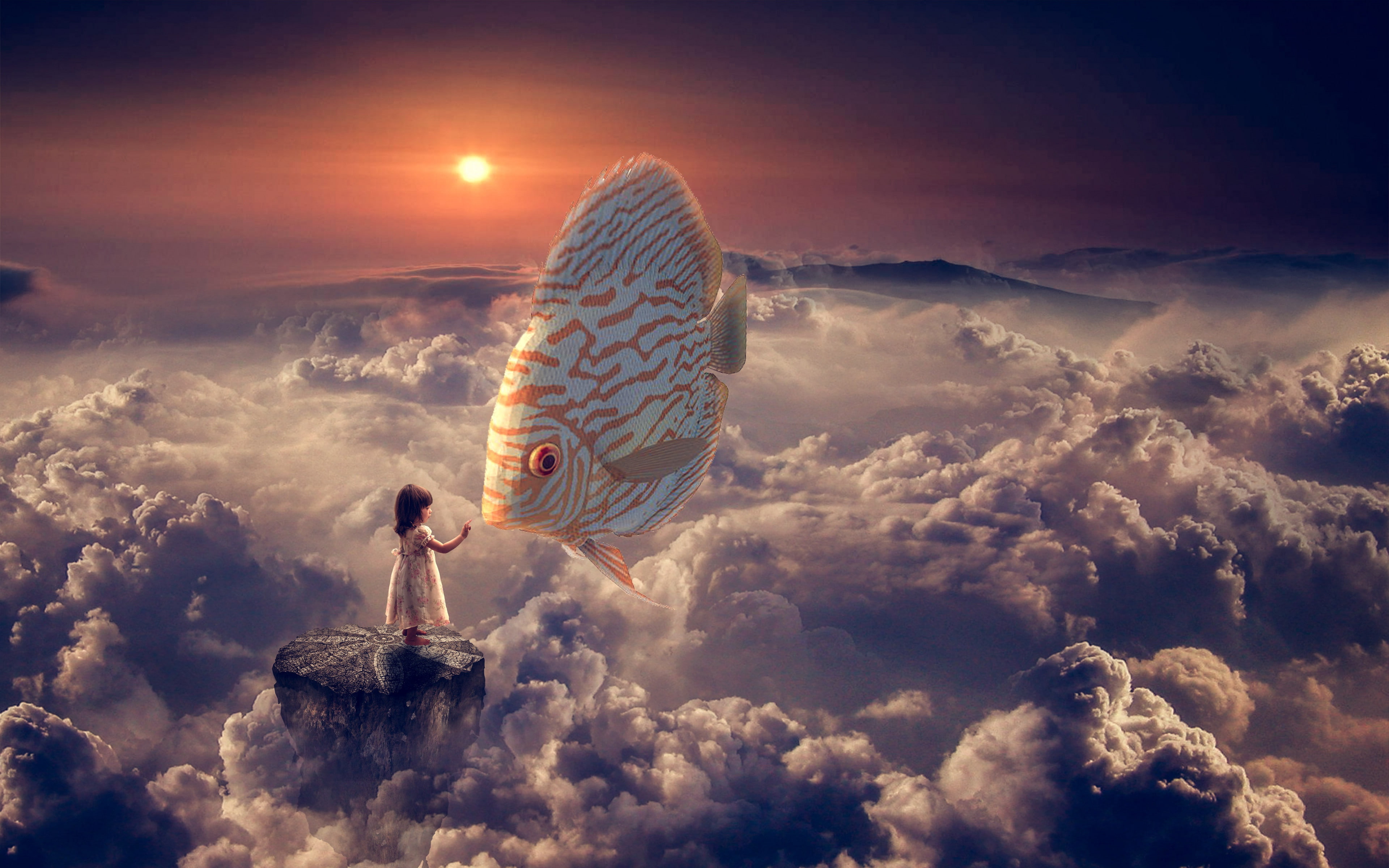 fantasy, girl backgrounds, fish, clouds, sky, Download 3840x2400 Fantasy