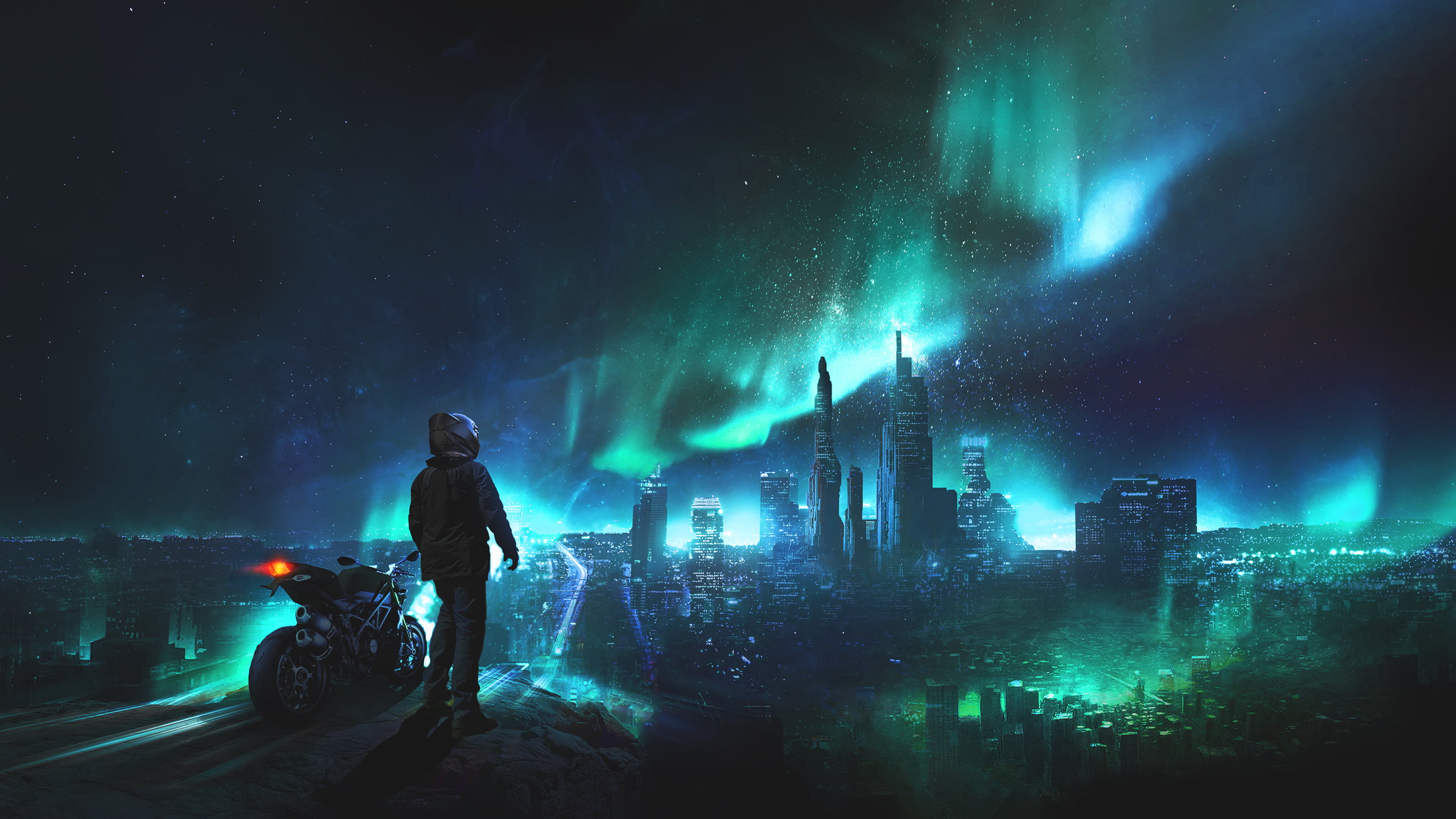 black hooded jacket, man with motorcycle watching the northern lights above the city