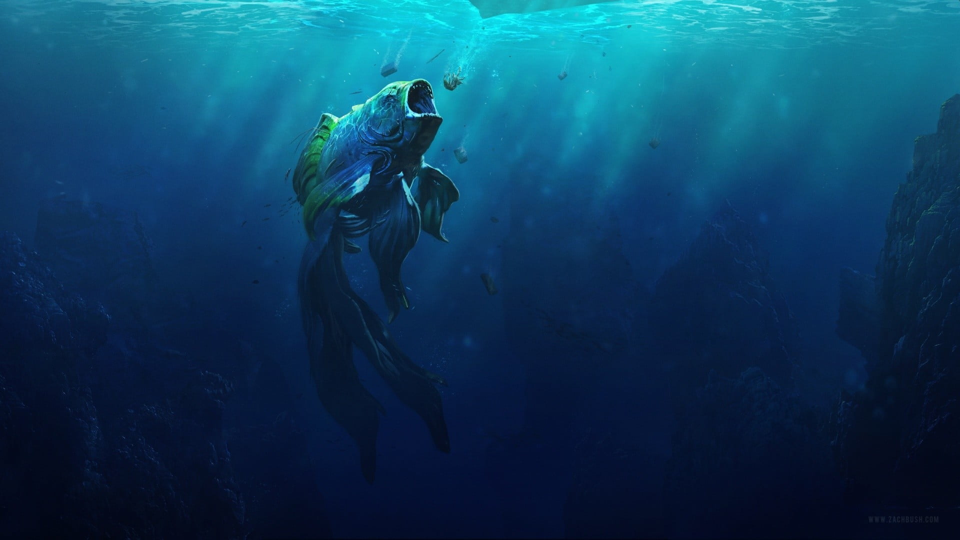 illustration of fish under water, sea, goldfish, deep sea, fantasy art