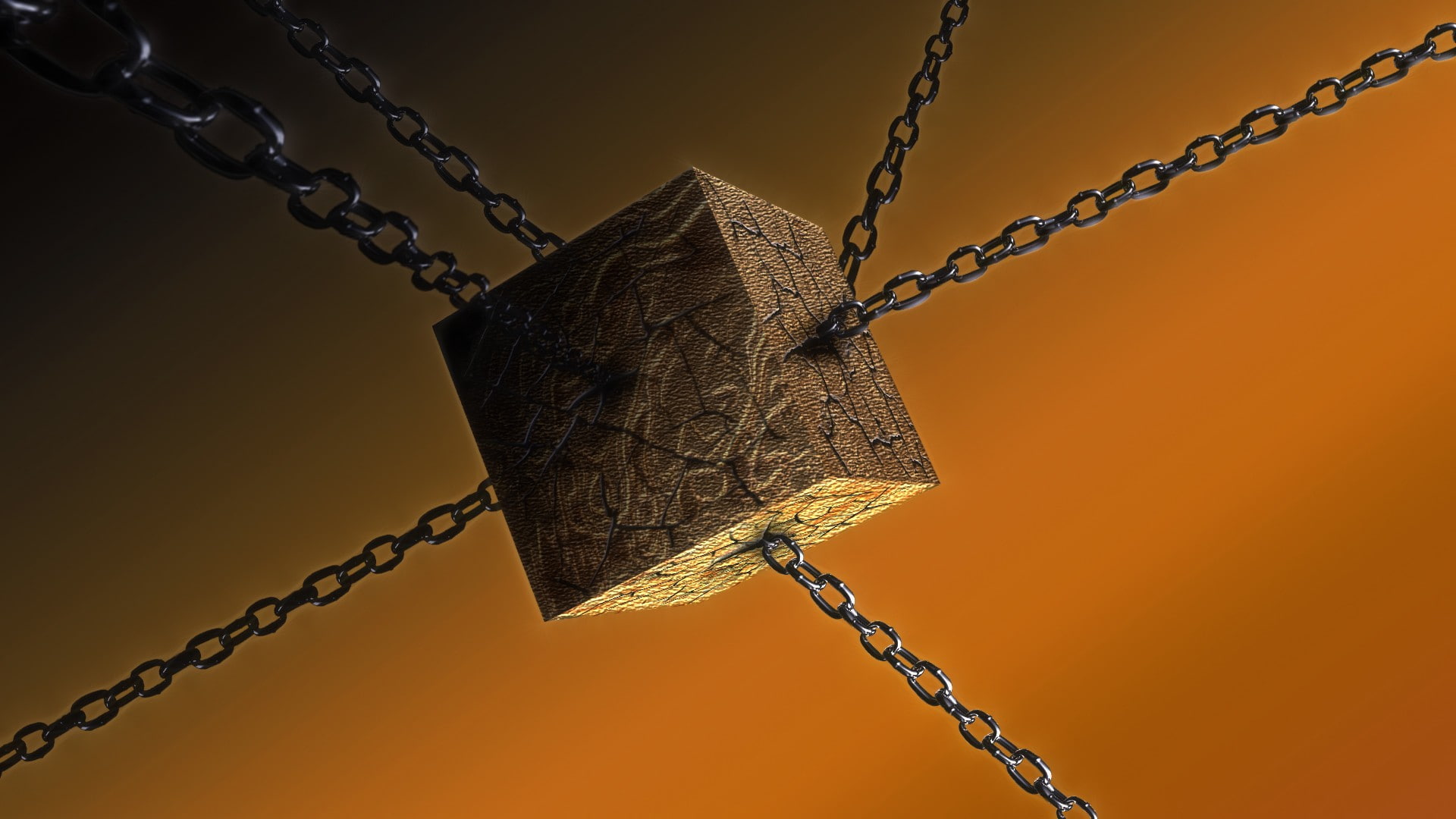 cube, chains, no people, metal, close-up, hanging, rope, orange color