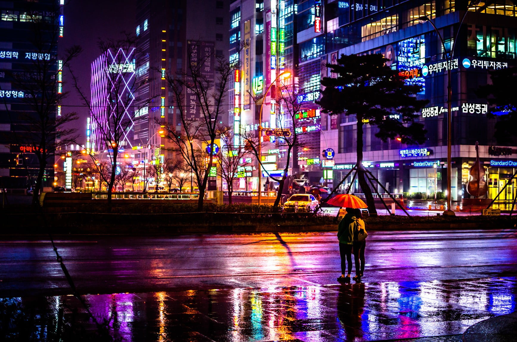 orange umbrella, cityscape, South Korea, night, rain, street