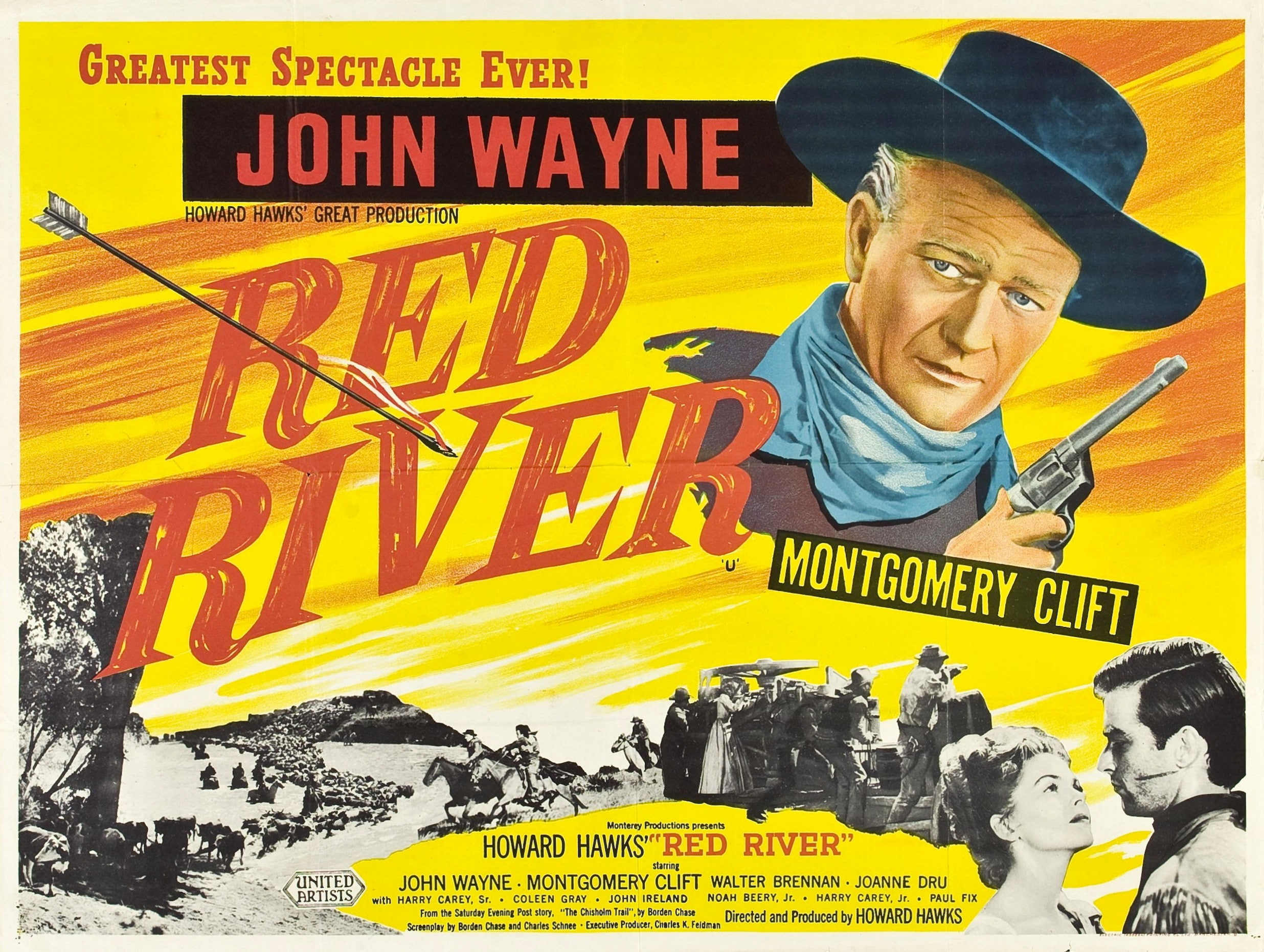 Film Posters, Howard Hawks, John Wayne, Red River, text, one person