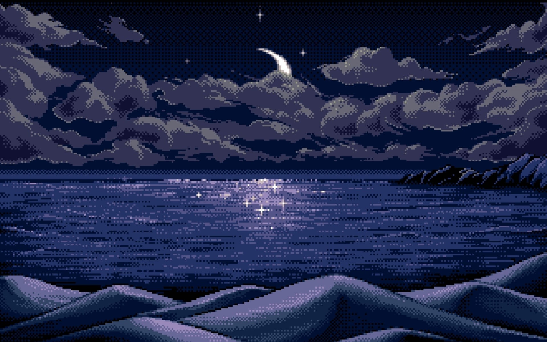 sea wallpaper, digital art, pixel art, pixels, Moon, horizon