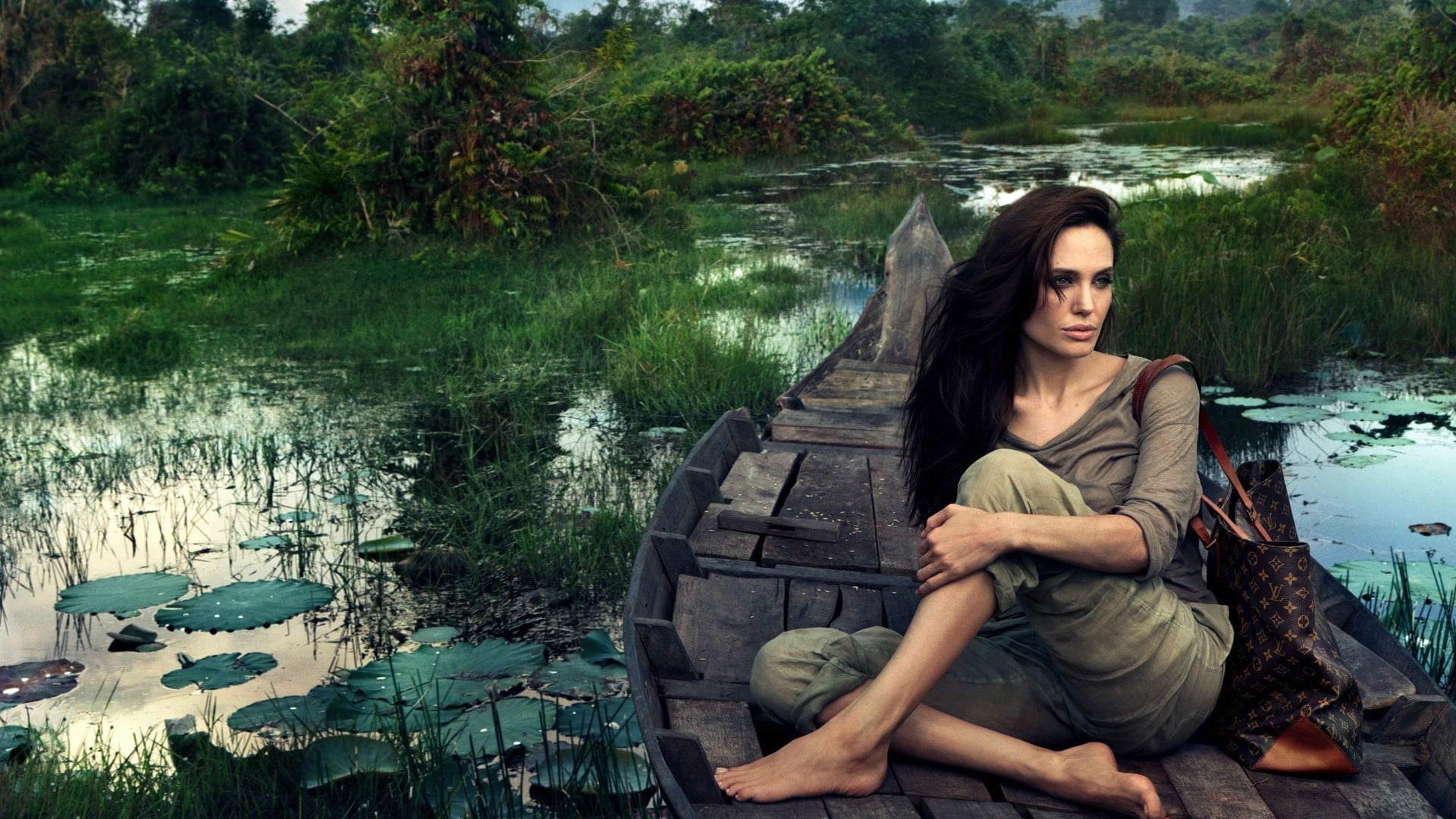 woman sitting on boat painting, women, model, celebrity, Angelina Jolie