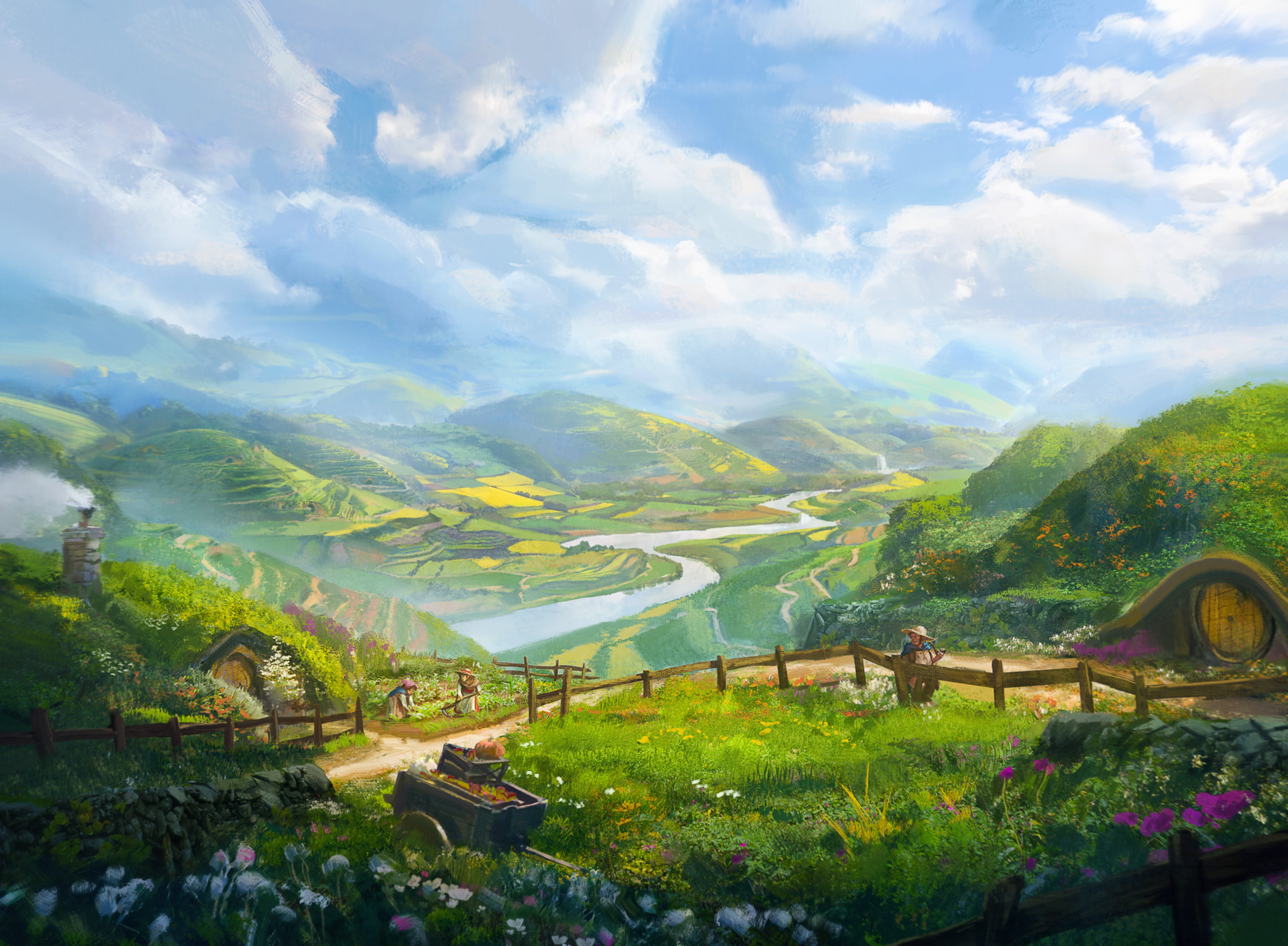 artwork, digital art, river, nature, mountains, The Shire, Hobbits