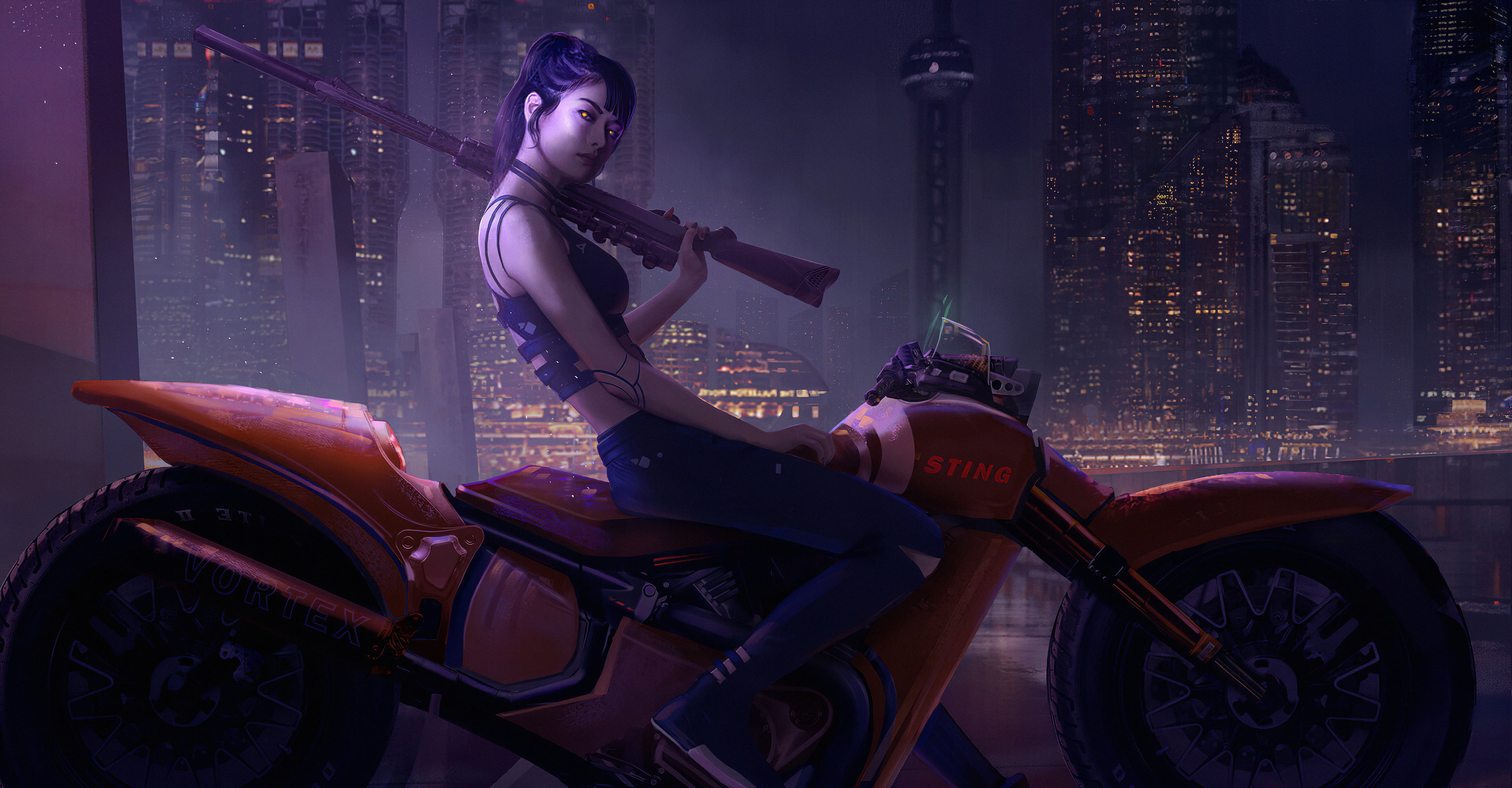 Sci Fi, Cyberpunk, City, Futuristic, Girl, Motorcycle, Weapon