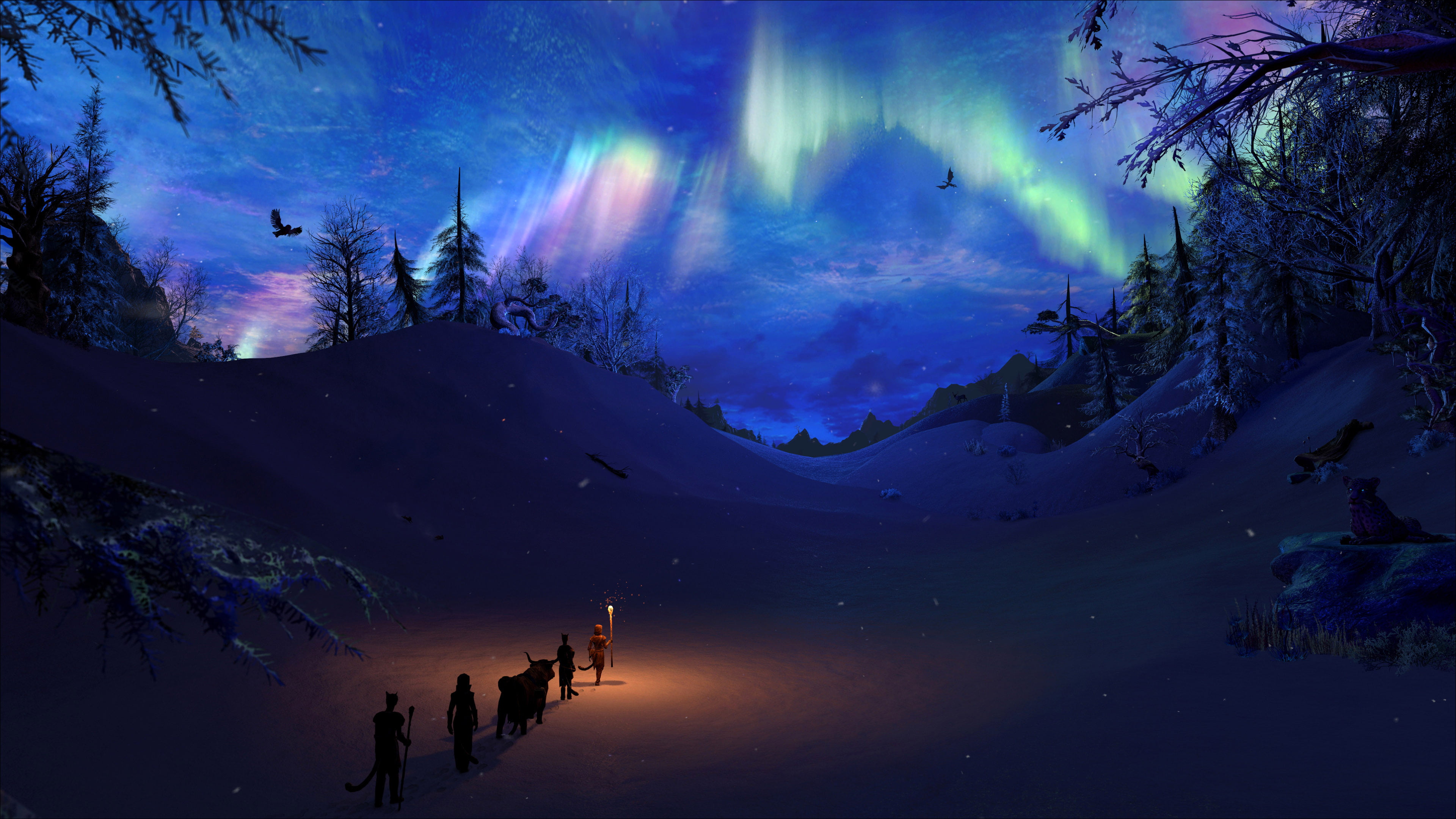 blue aurora, winter, the sky, snow, fire, the game, dragons, ate