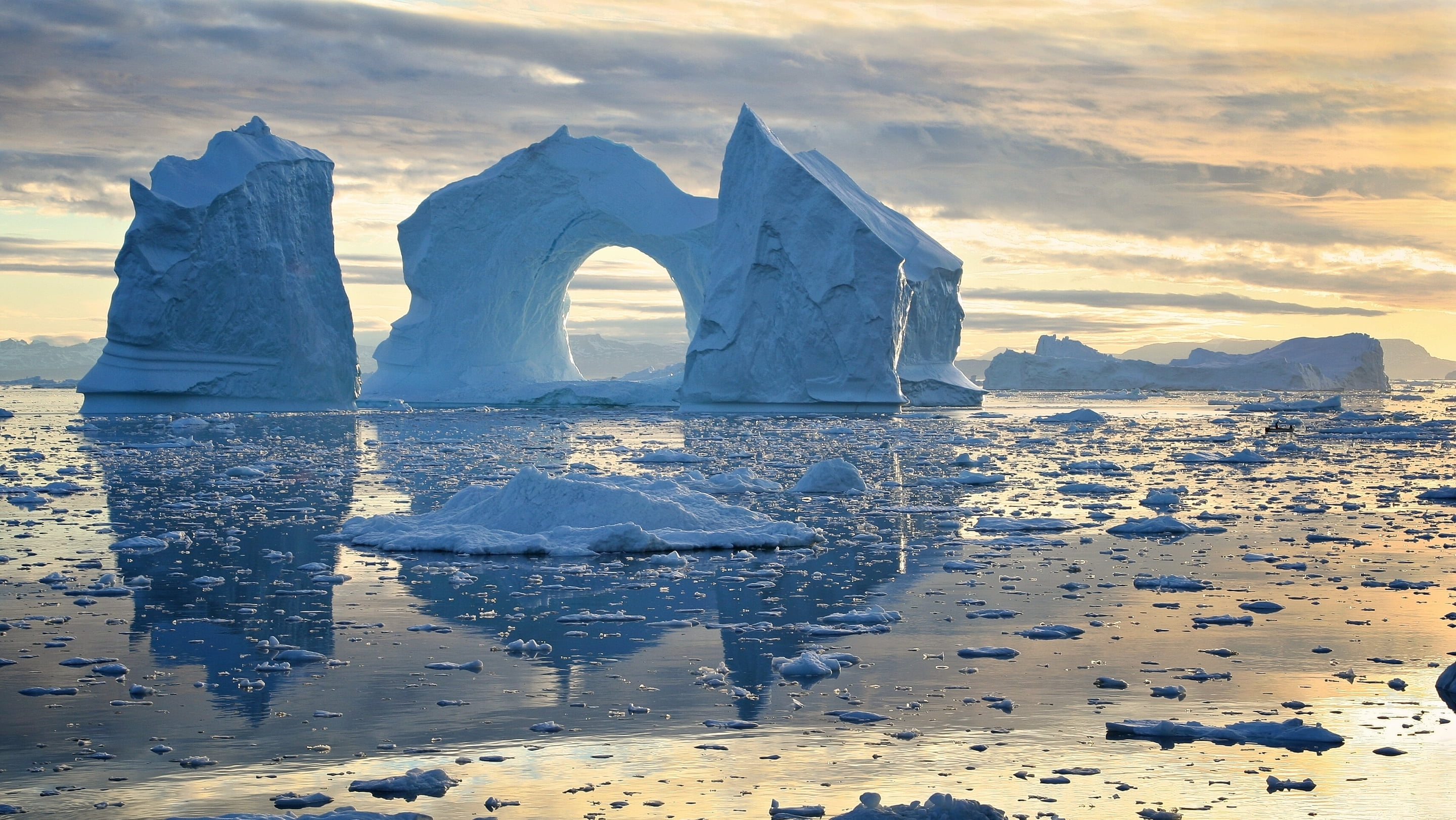 Bay, icebergs, Greenland, Disko Bay, water, sea, sky, cold temperature