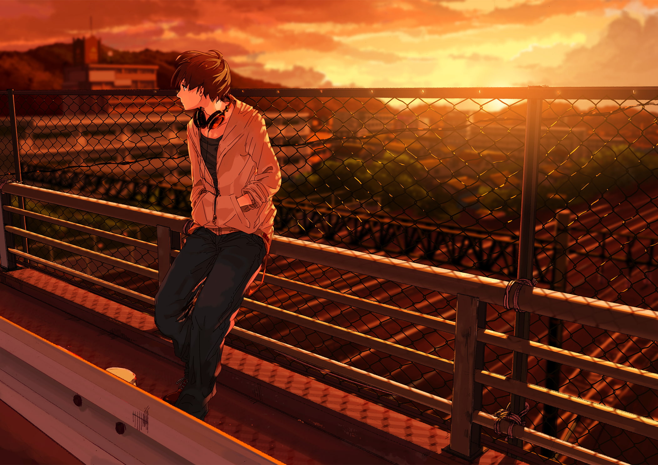 road, sunset, bridge, the fence, anime, headphones, art, guy