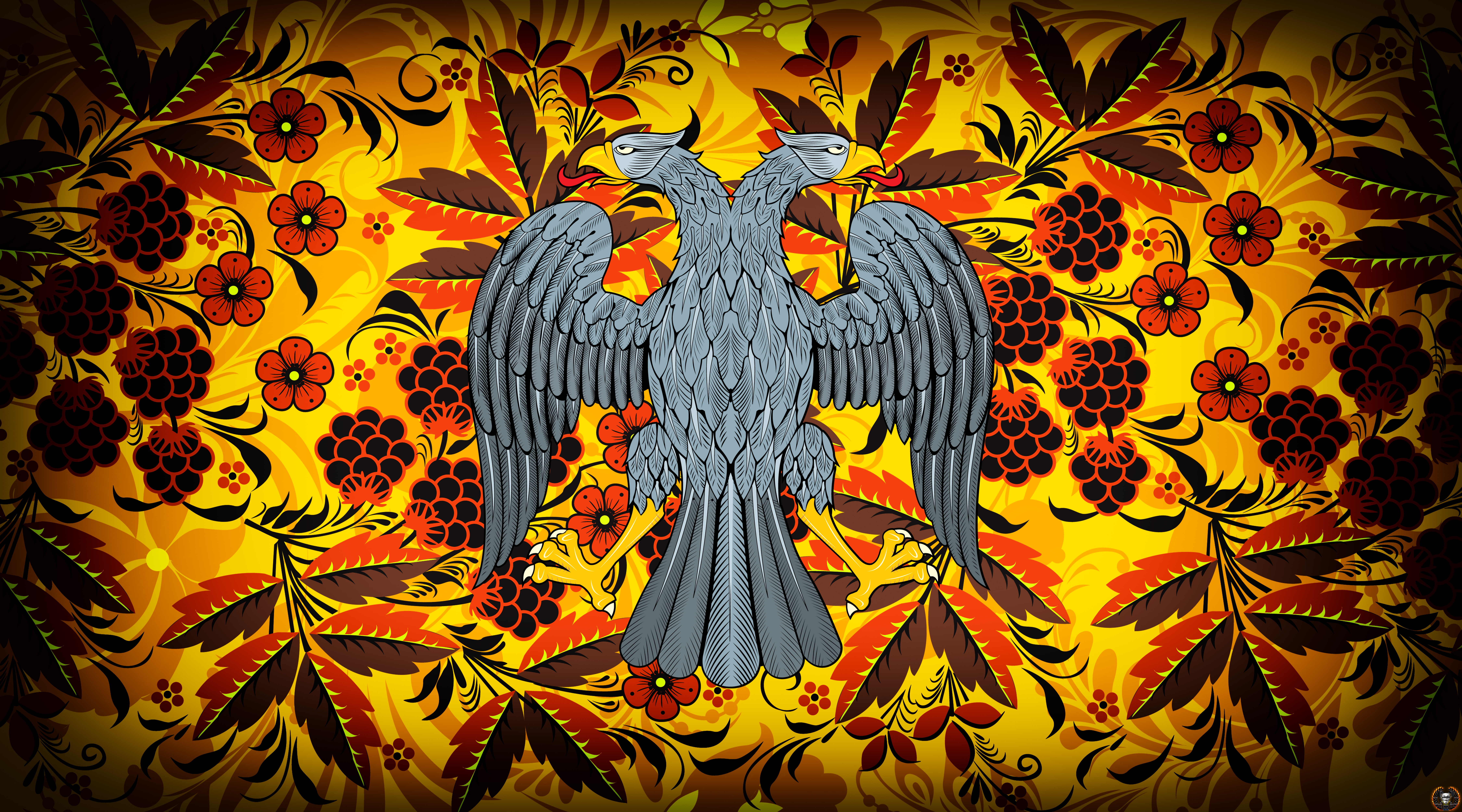 Flowers, Bird, Style, Eagle, Background, Coat of arms, Painting