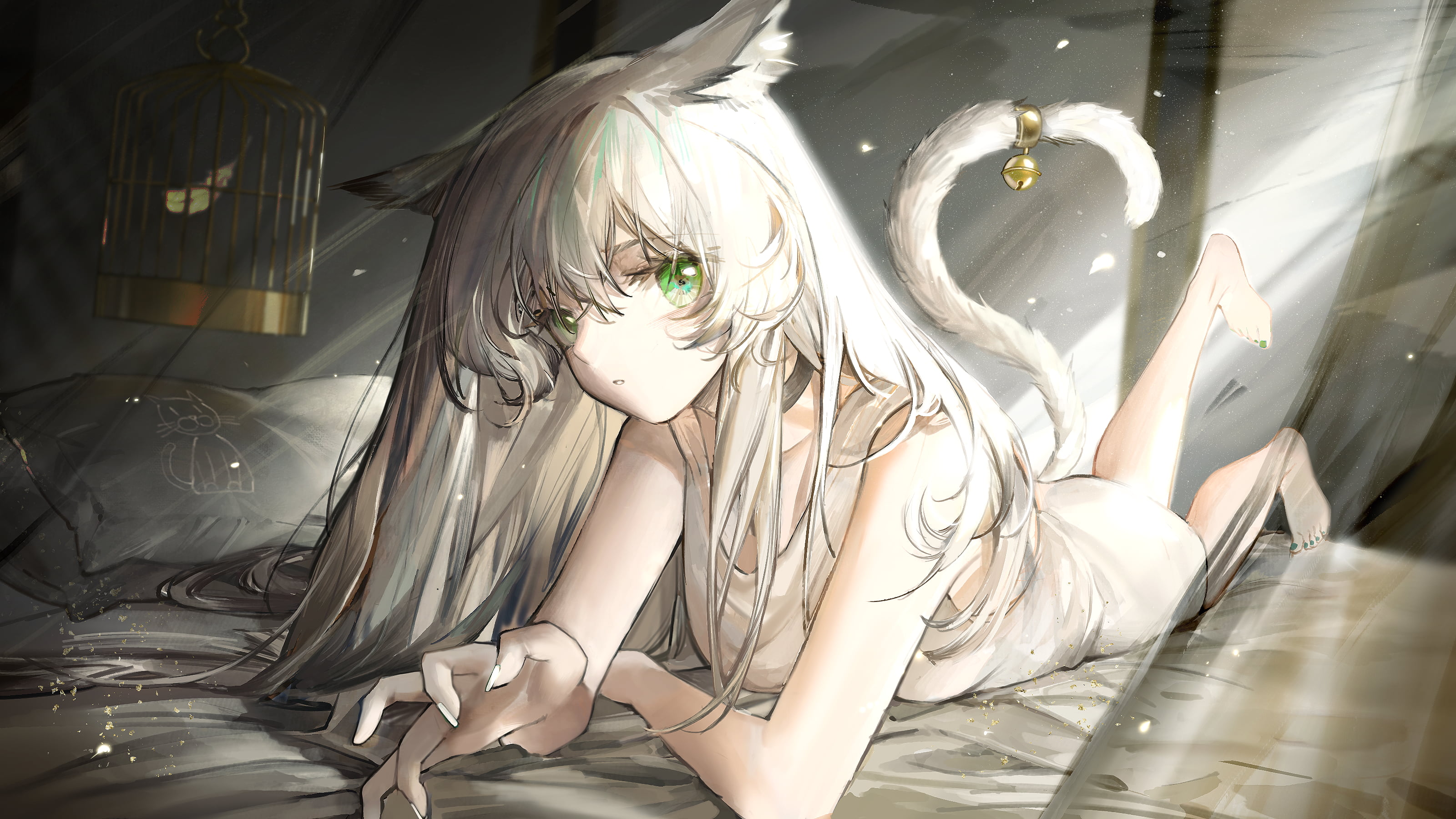 Arknights, Rosmontis (Arknights), white hair, green eyes, bed