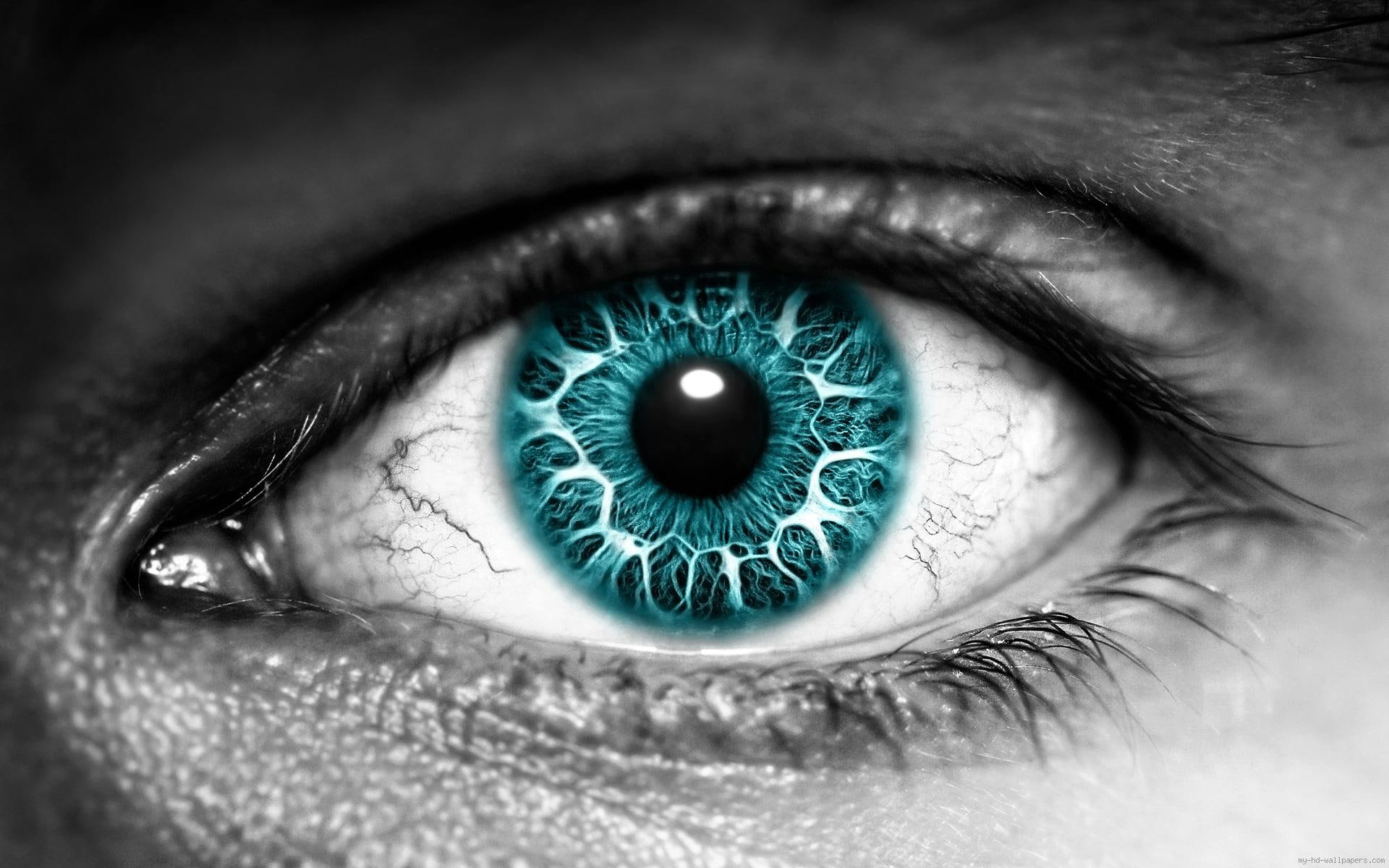 Blue eye on black and white face, blue contact lens, graphic