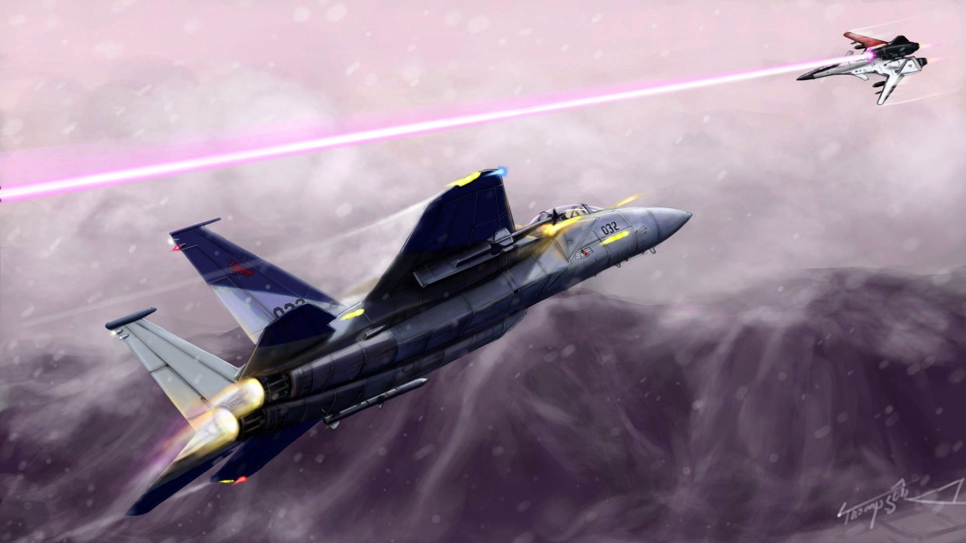 gray and blue jet illustration, ace combat, f-15, su-47, fan art
