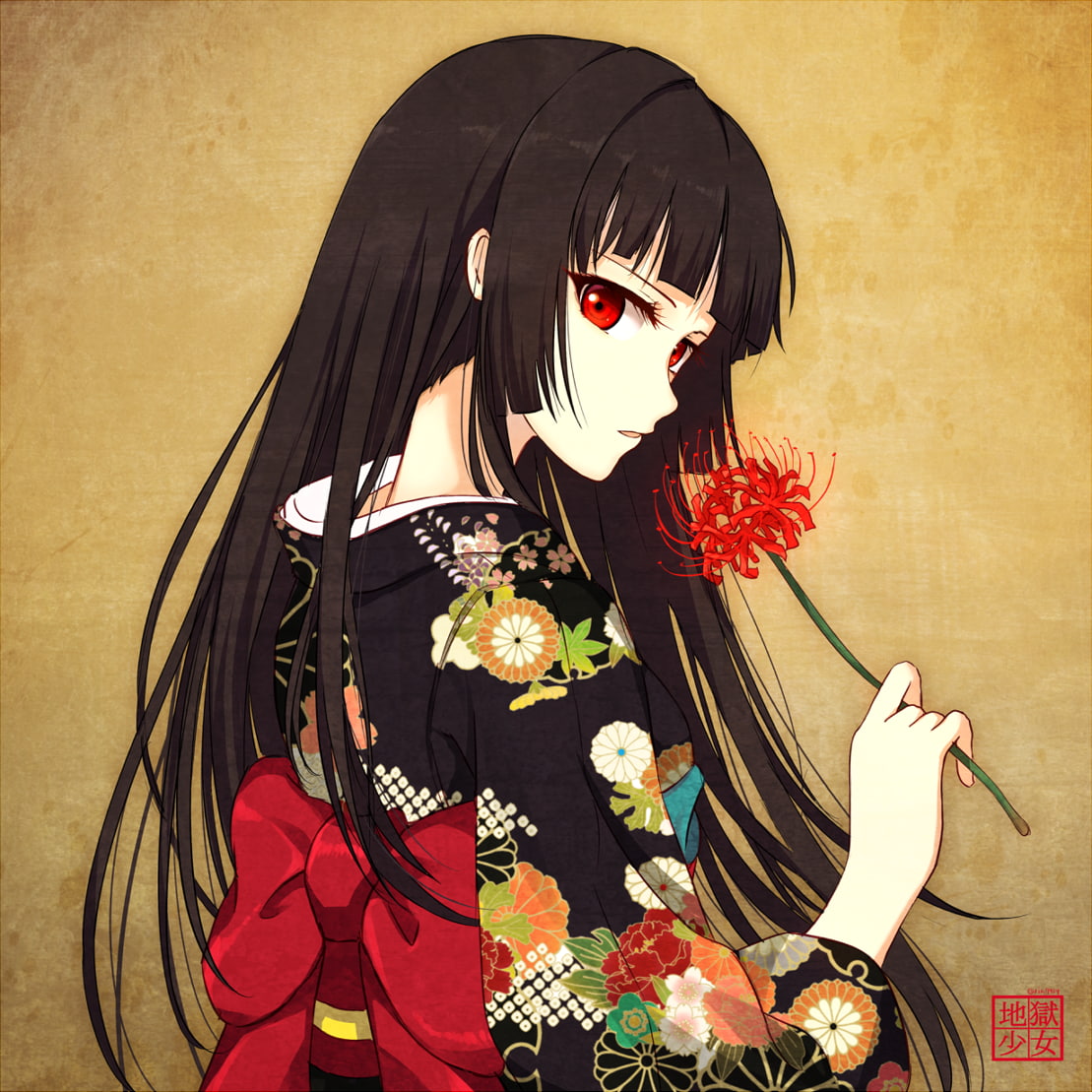 anime, anime girls, long hair, red eyes, Japanese clothes, flowers