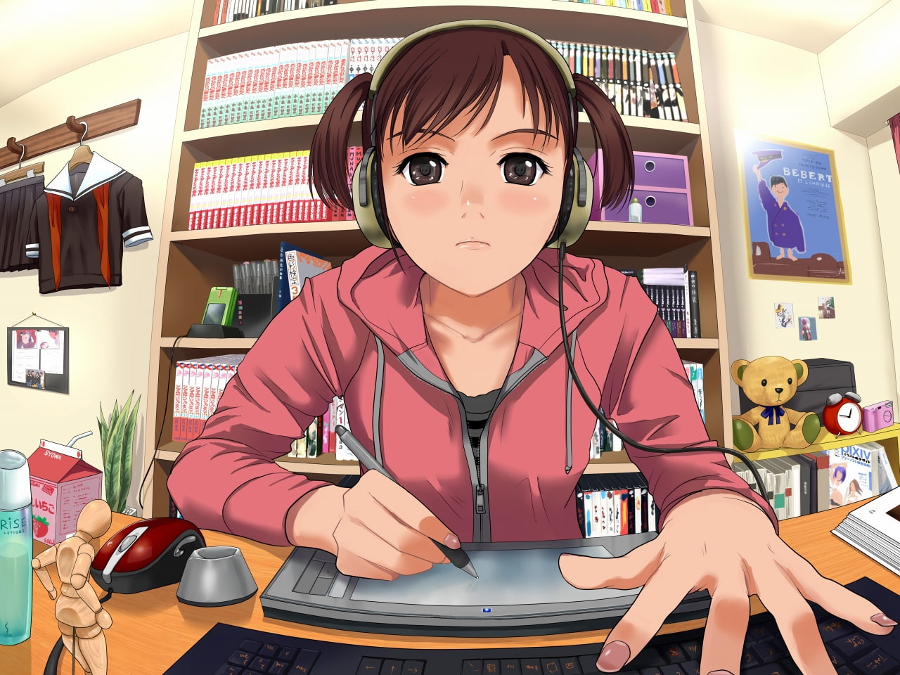 Anime Girl Blushing Using the Computer Anime Other HD Art, books