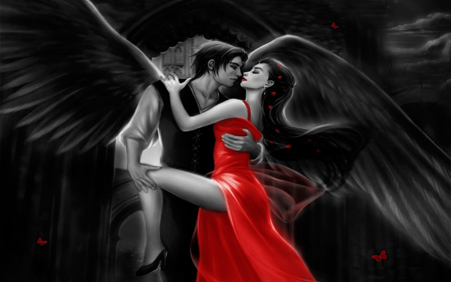 Fantasy, Angel, Couple, Dancing, Dark, Love, Red Dress, Romantic