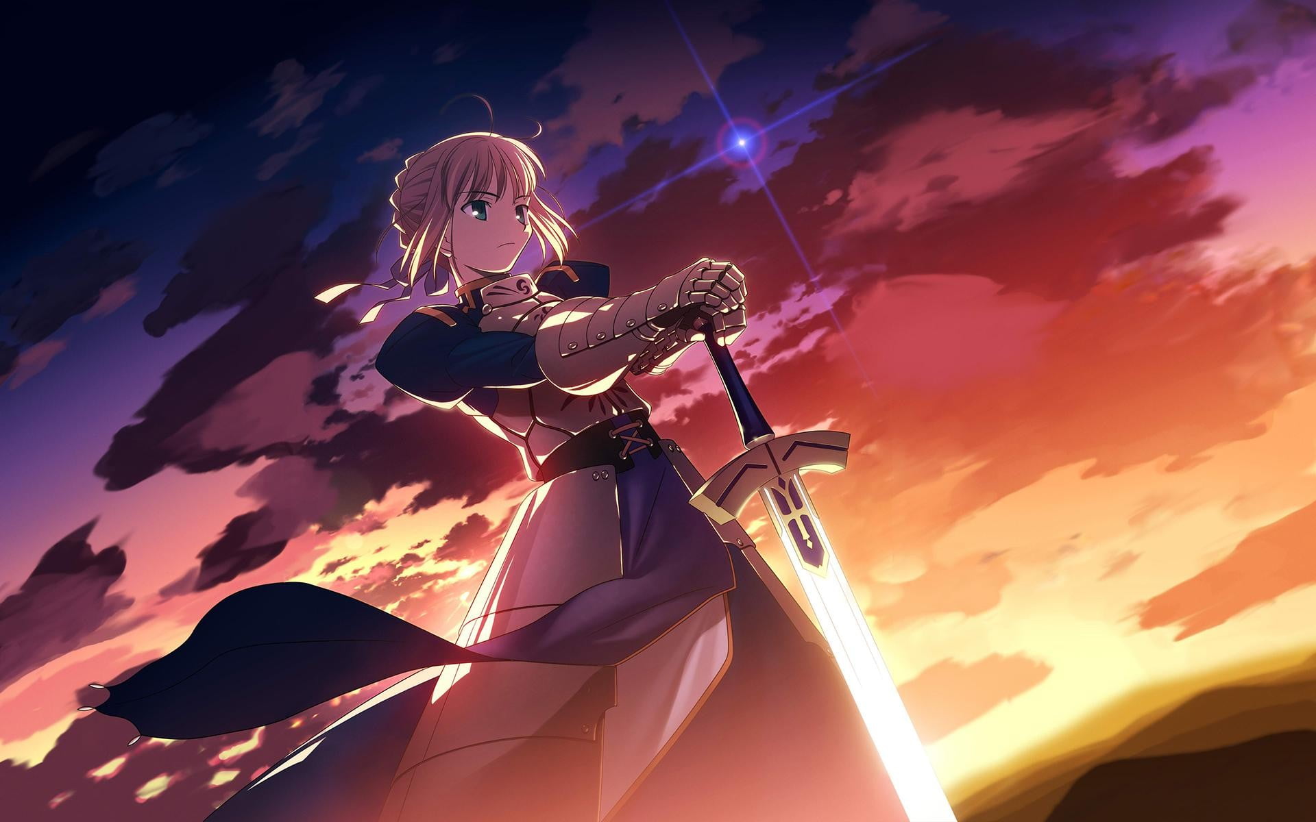 Saber, Fate Series, sky, one person, women, nature, sunset