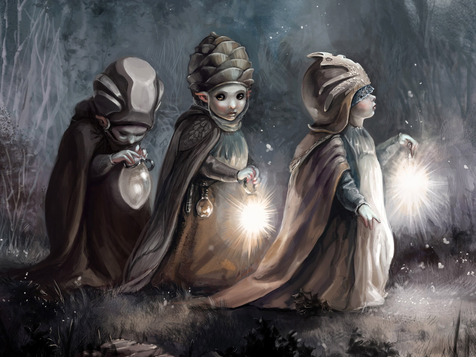 Free Download Hd Wallpaper Three Dwarfs Holding Lanterns Gnomes Way Night Spirituality 