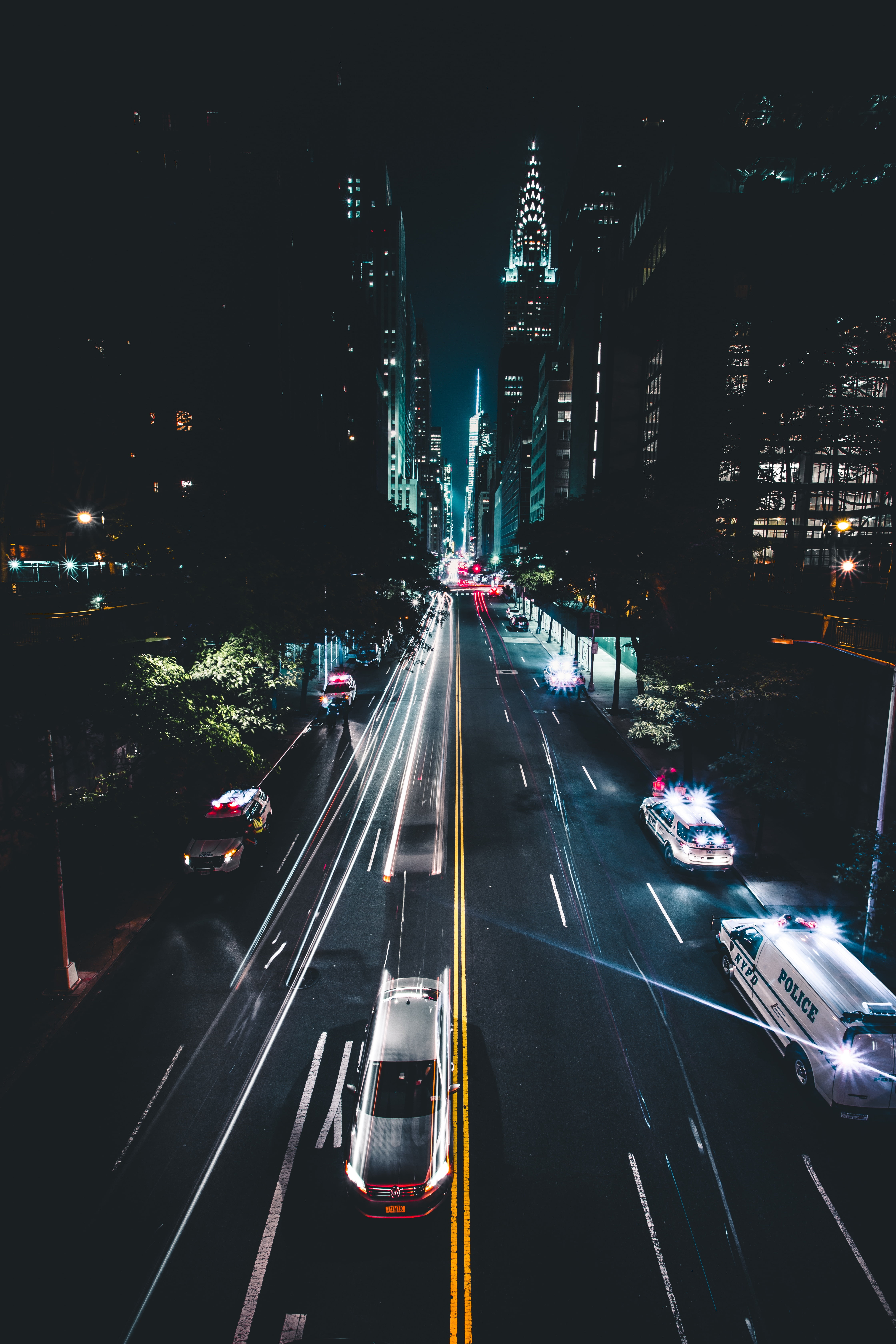 white police car, night city, road, traffic, cars, marking, new york