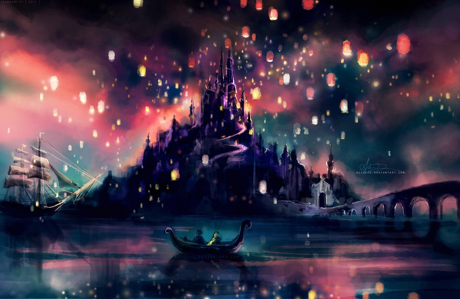 person riding boat in front of castle digital wallpaper, Tangled