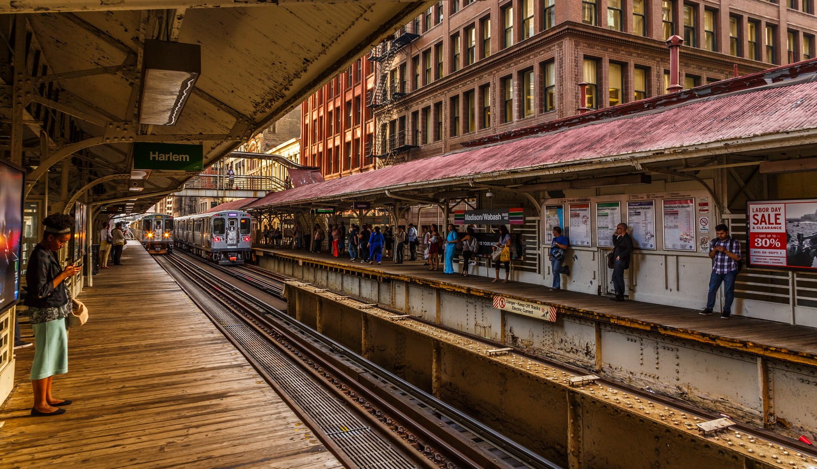 women's black top, subway, Chicago, HDR, train, city, people