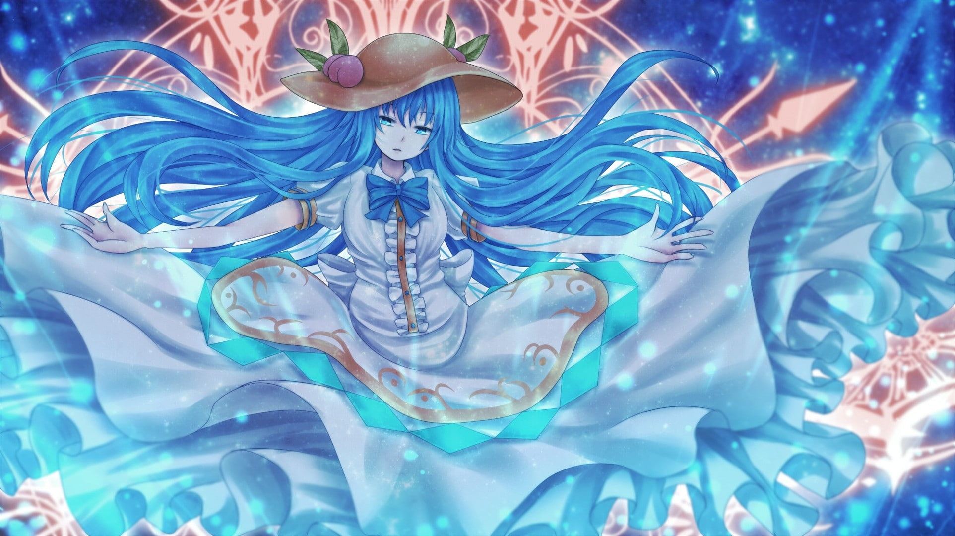 Free Download Hd Wallpaper Anime Girls Touhou Blue Hair Long Hair Hat Dress Hinanawi Tenshi