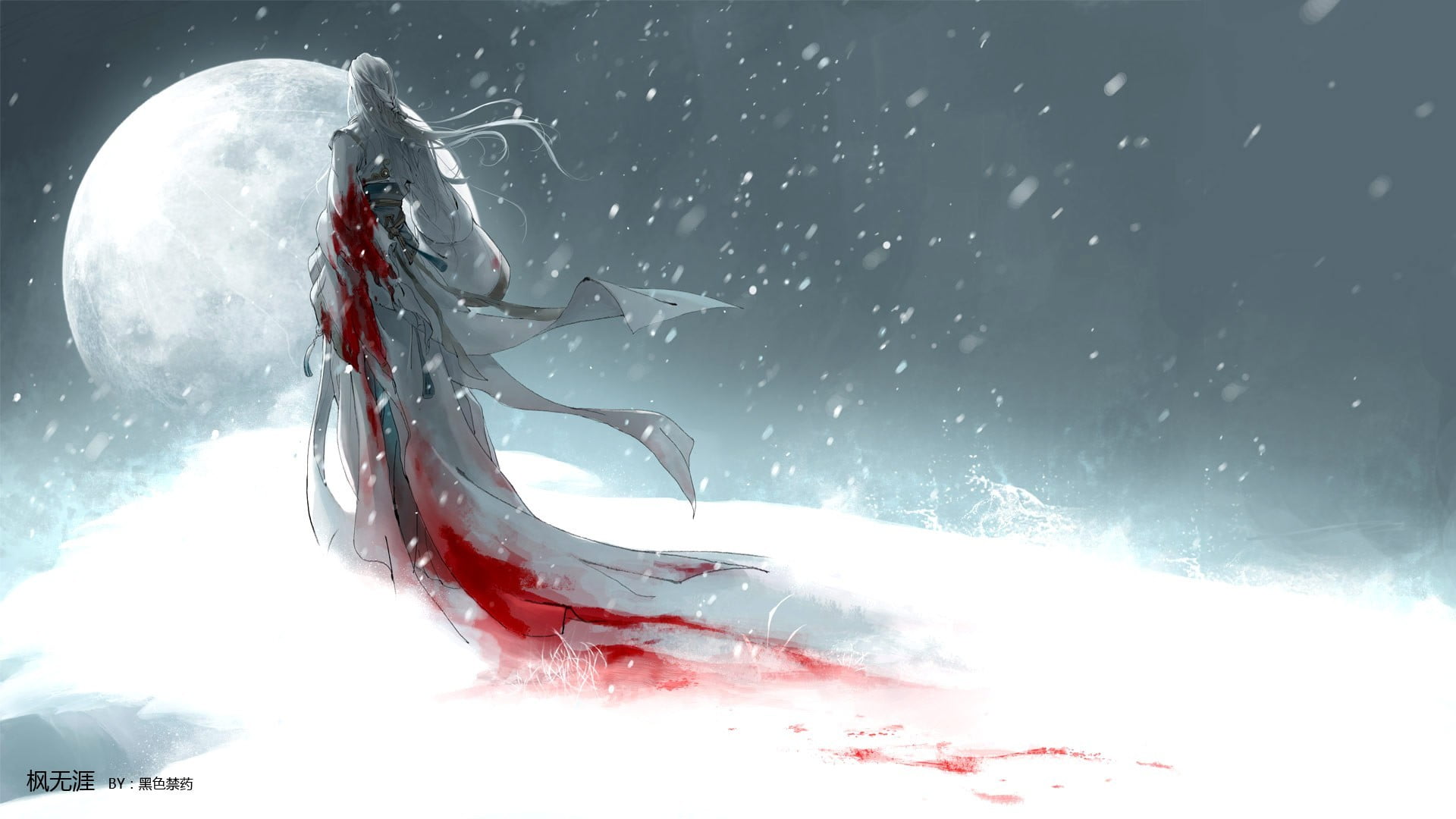 person wearing white and red dress illustration, snow, blood