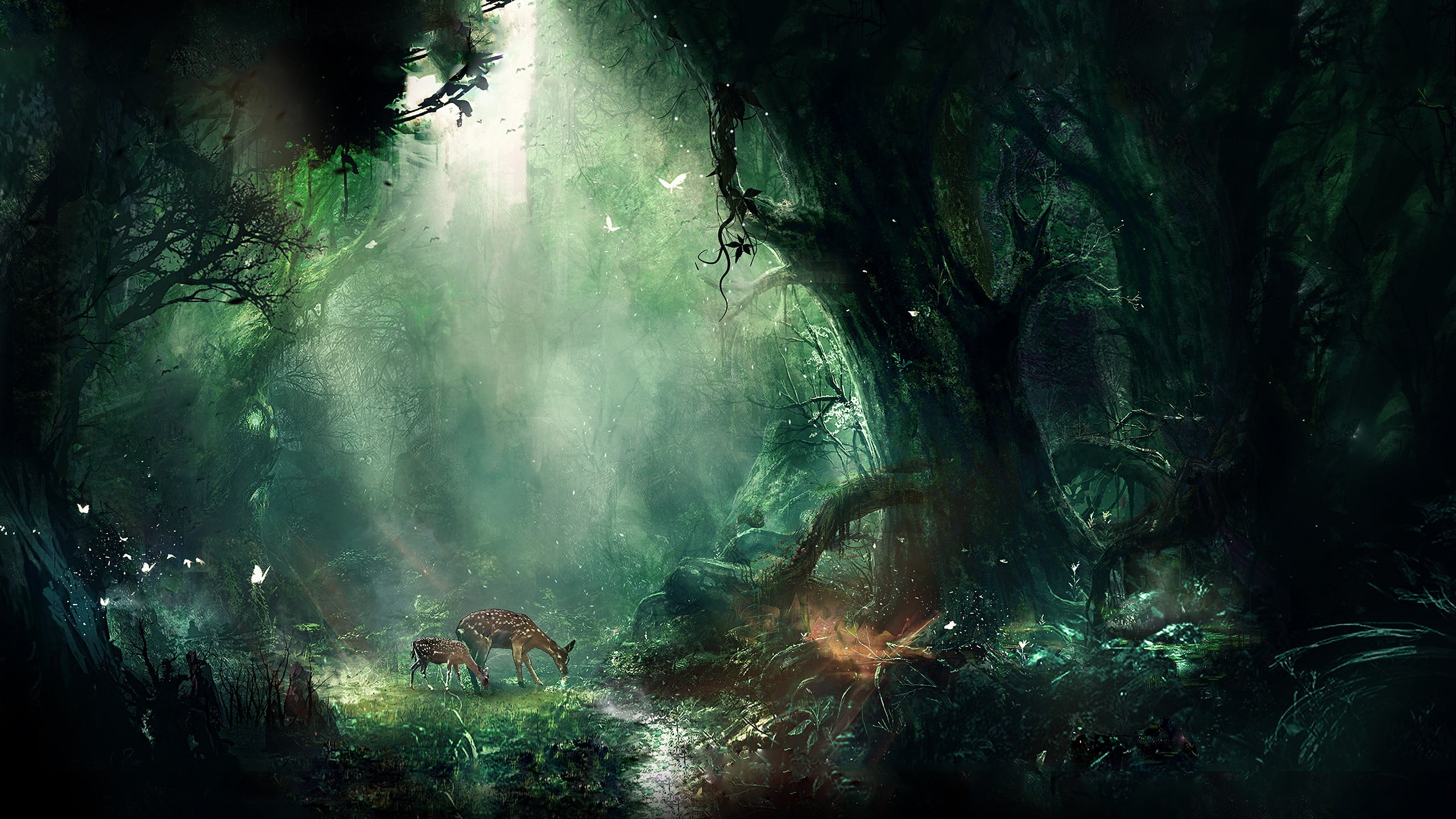 brown deer, doe in the middle of forest painting, artwork, digital art