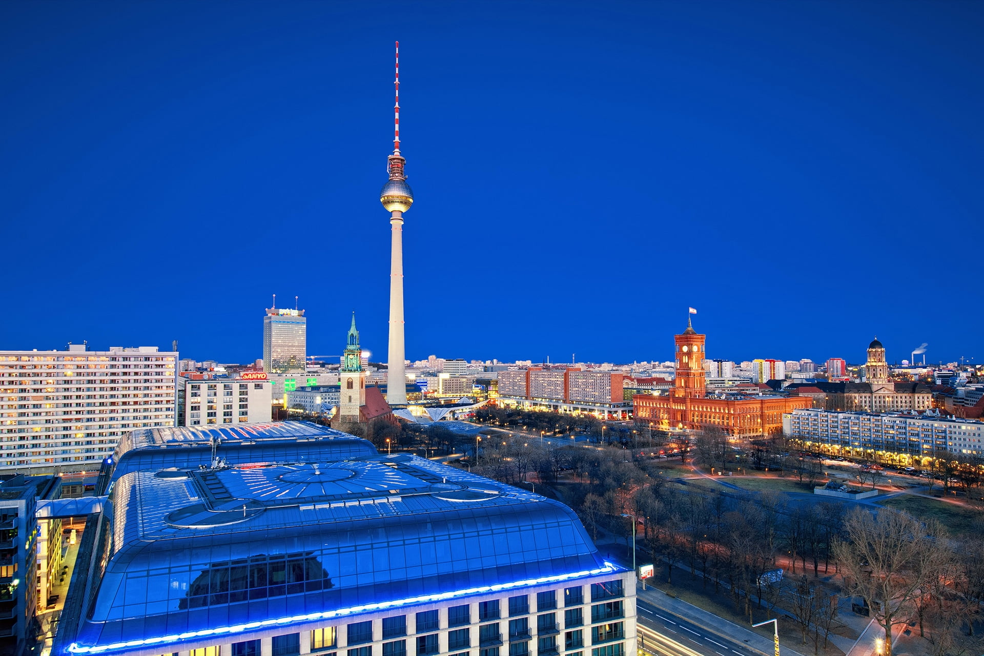blue building, berlin, city, roads, houses, night, television Tower - Berlin