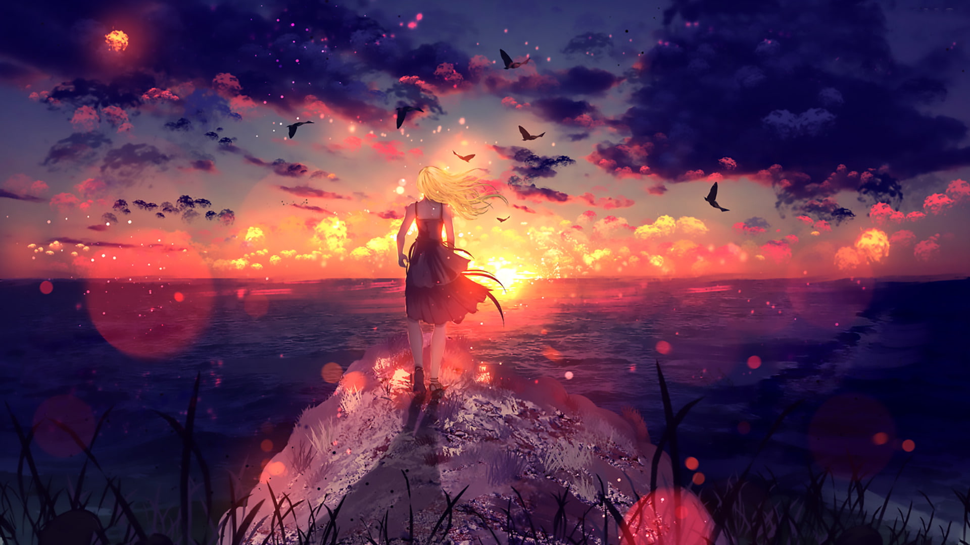 Anime, Original, Bird, Blonde, Cloud, Girl, Sky, Sunset, one person