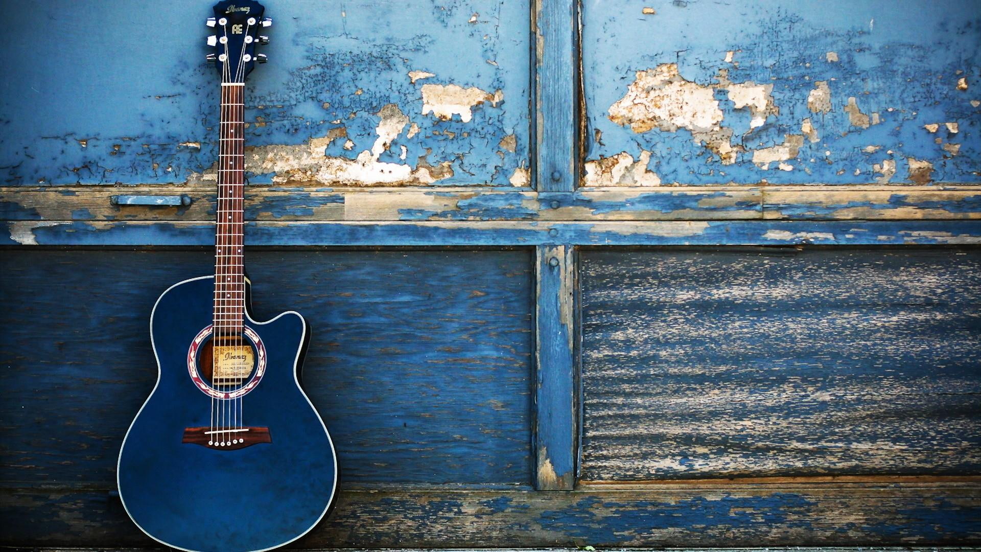 guitar, wall, blue, vintage, photography, musical instrument