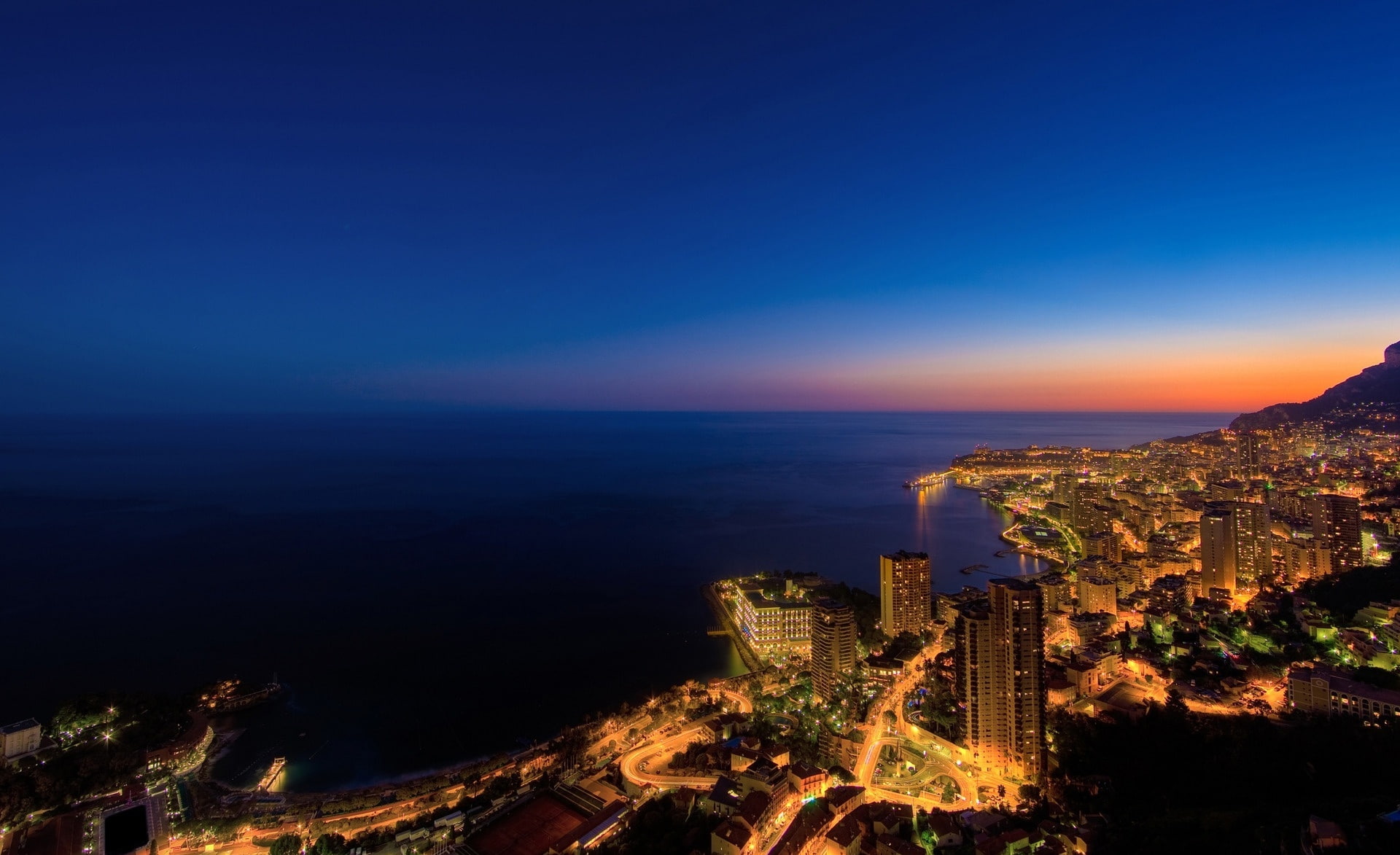 Monte Carlo, Monaco, aerial photo of city, Night, city lights