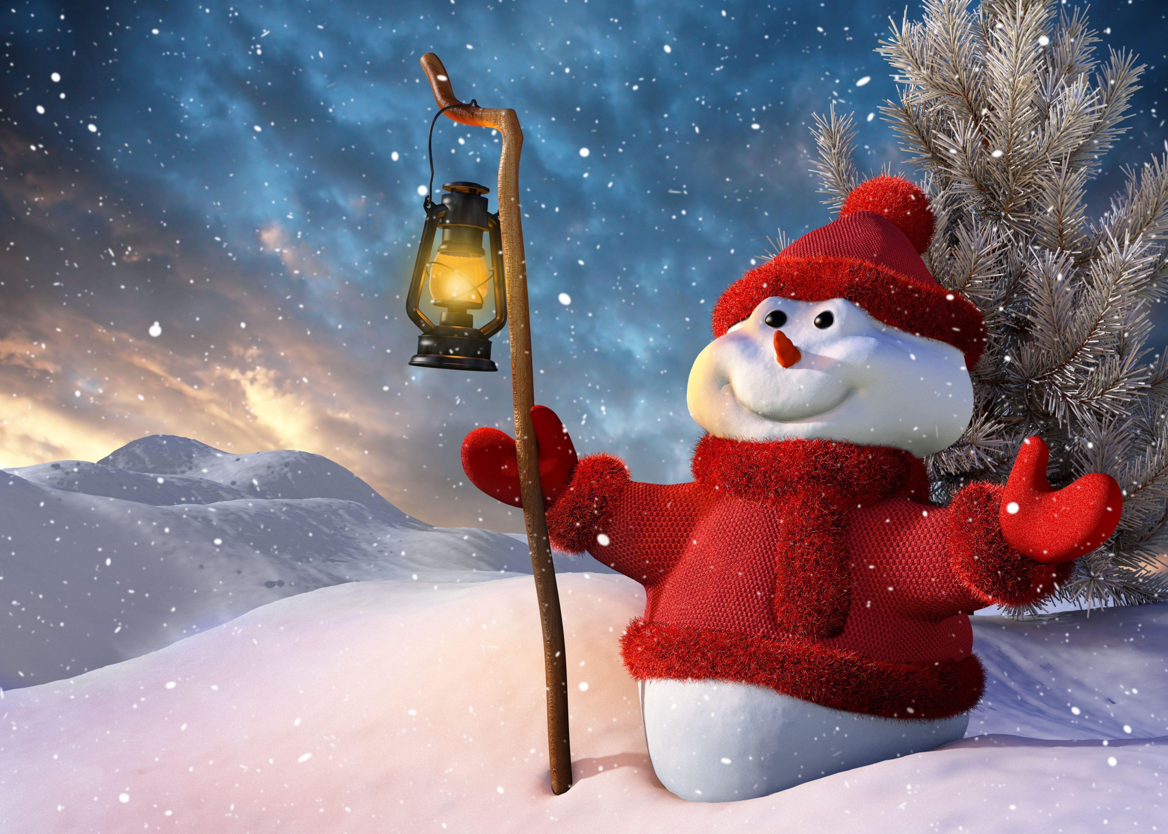 new year, christmas, snowman, lamp, tree, snow, smiling, snowman in red sweater holding lantern illustration
