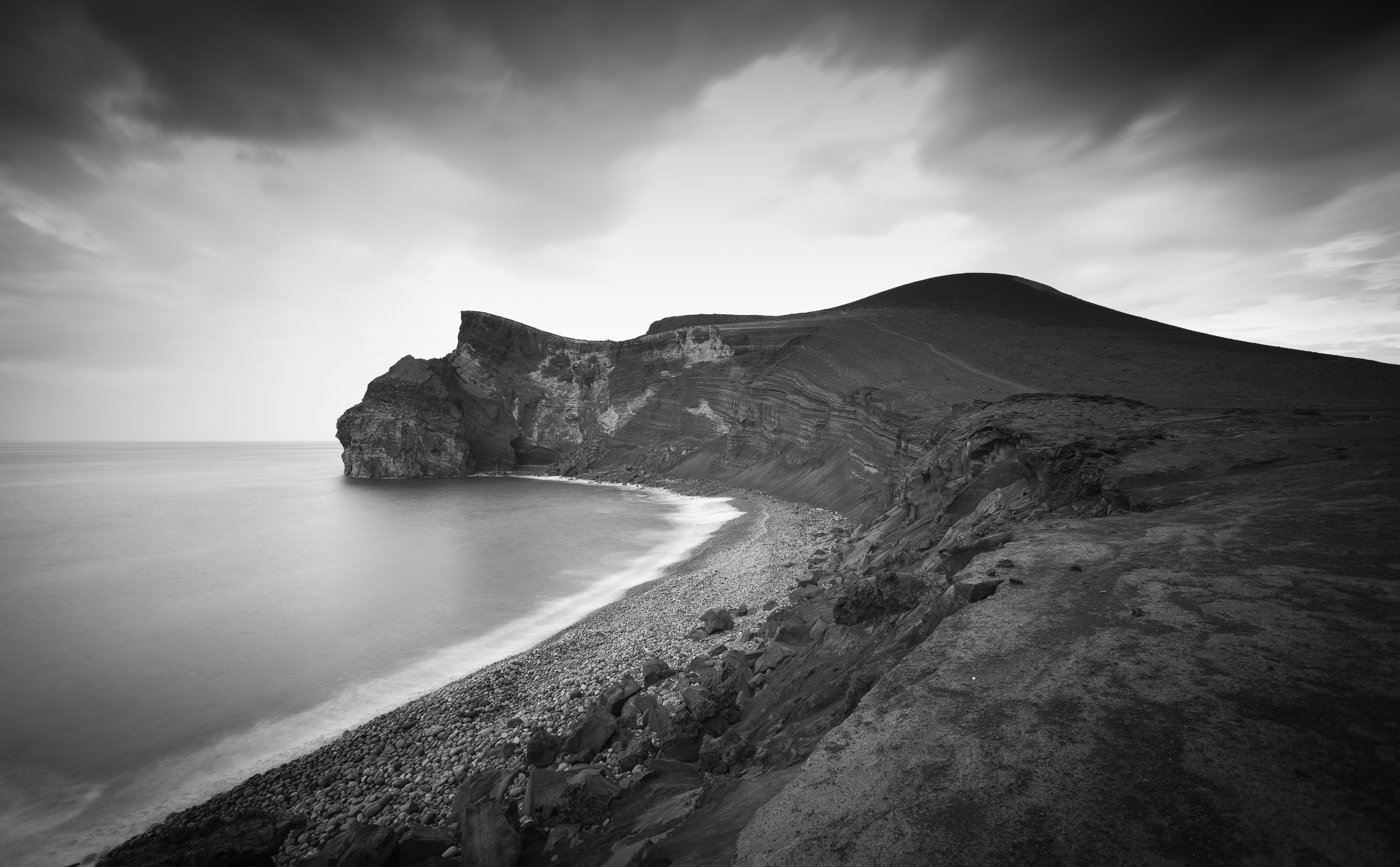 Volcanic Beach, rock formations grayscale photo, Black and White