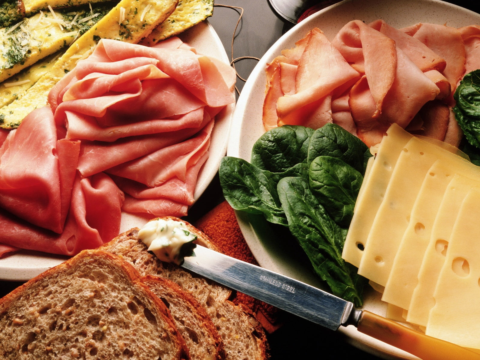 ham and sliced cheese, meat, slices, knife, bread, greens, food
