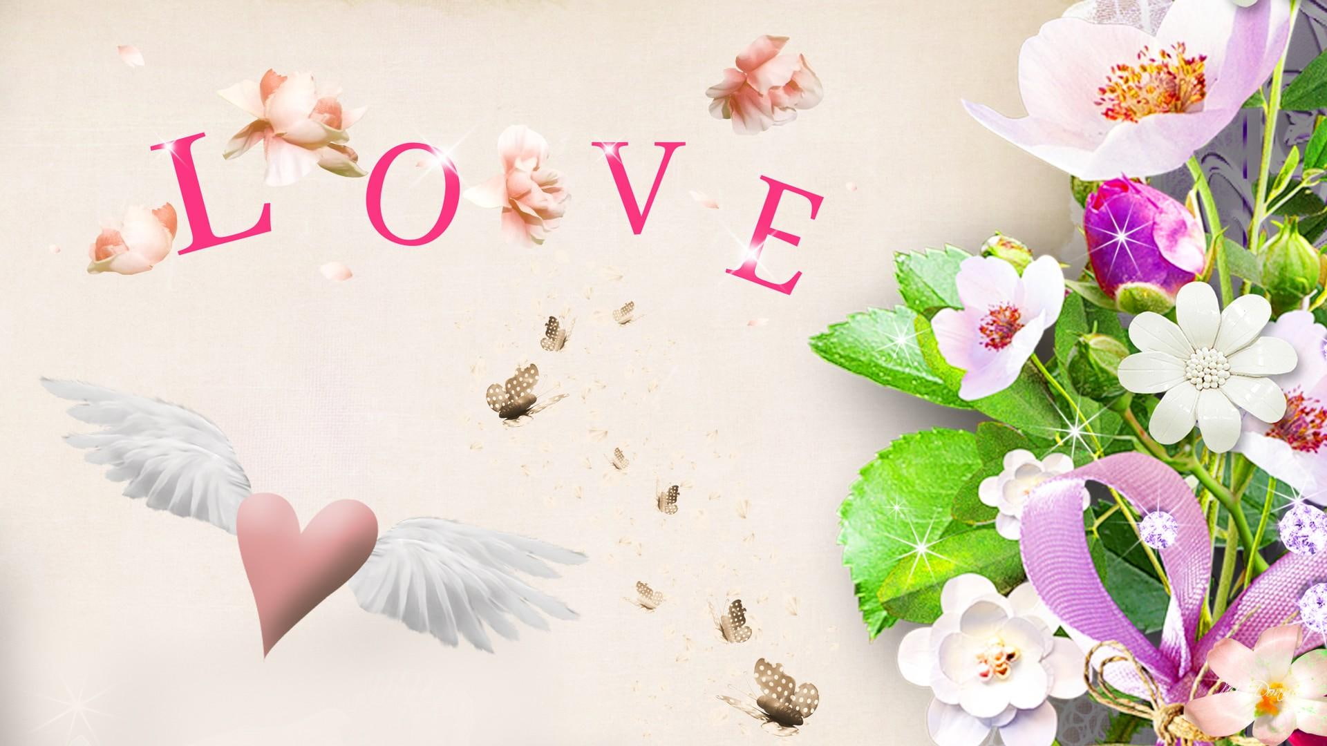 For Love, ribbon, stars, winged heart, flowers, spring, valentines day