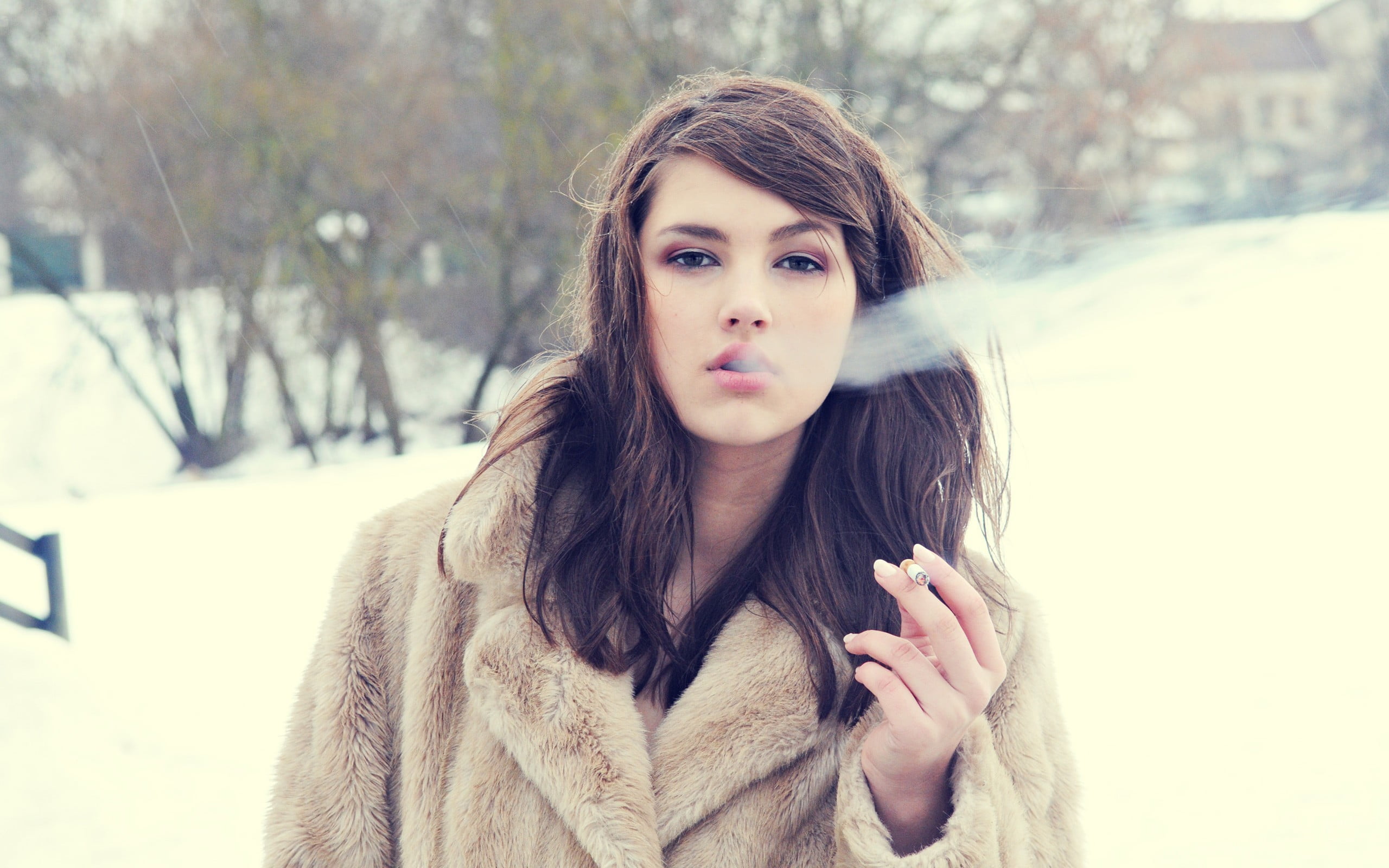women, winter, smoking, fur coats, Caucasian, dark eyes, young adult