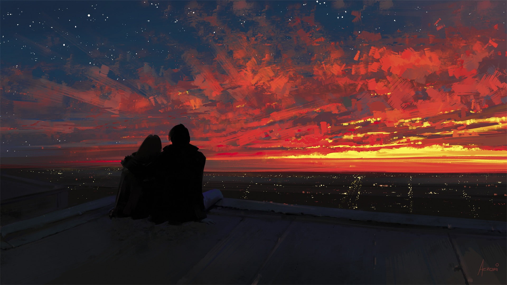 artwork, Aenami, sunset, lovers, sky, real people, two people