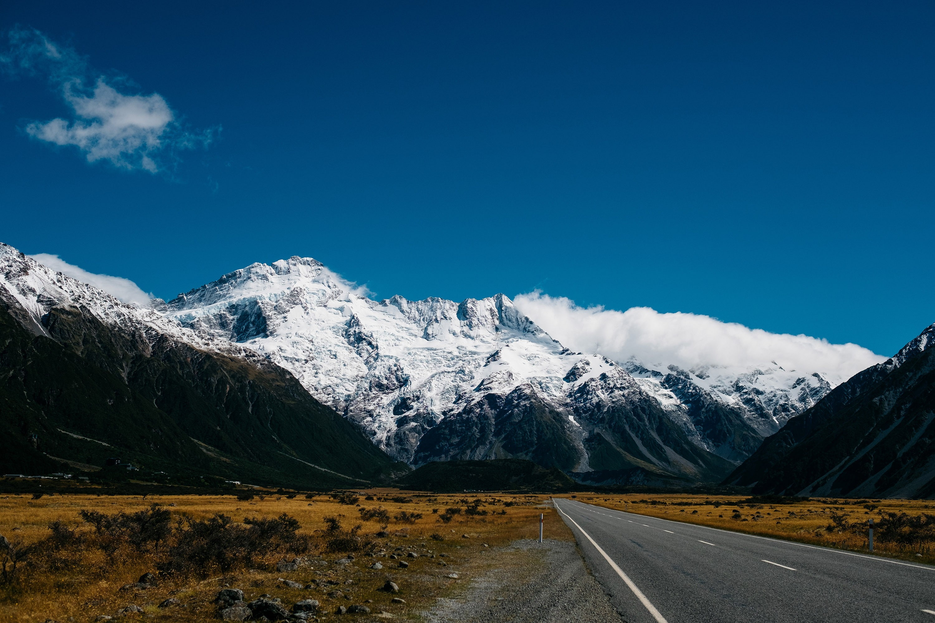 rocks, sky, blue, mountains, New Zealand, nature, road, snow