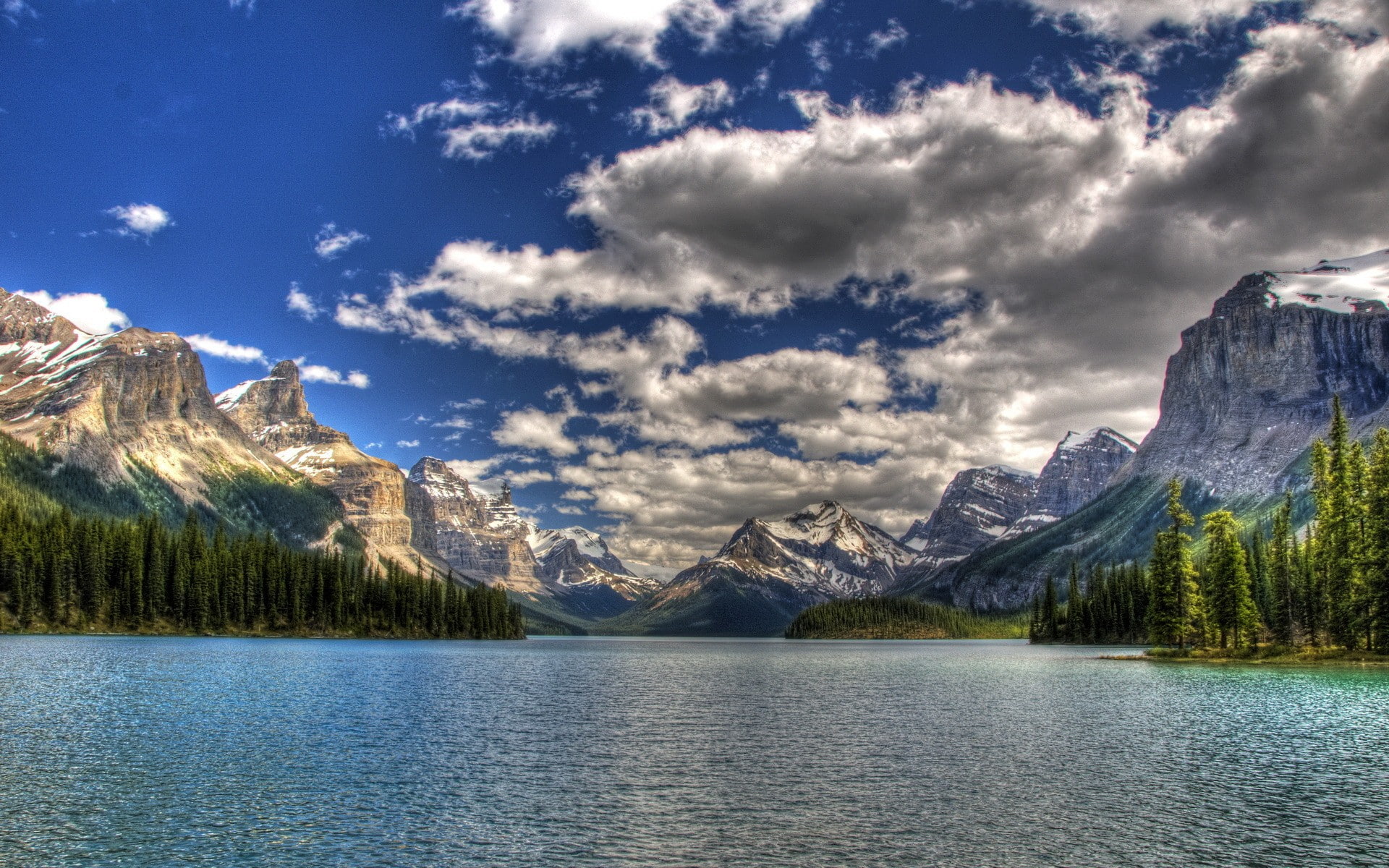 sky, mountains, sea, forest, clouds, Jasper National Park, Canada