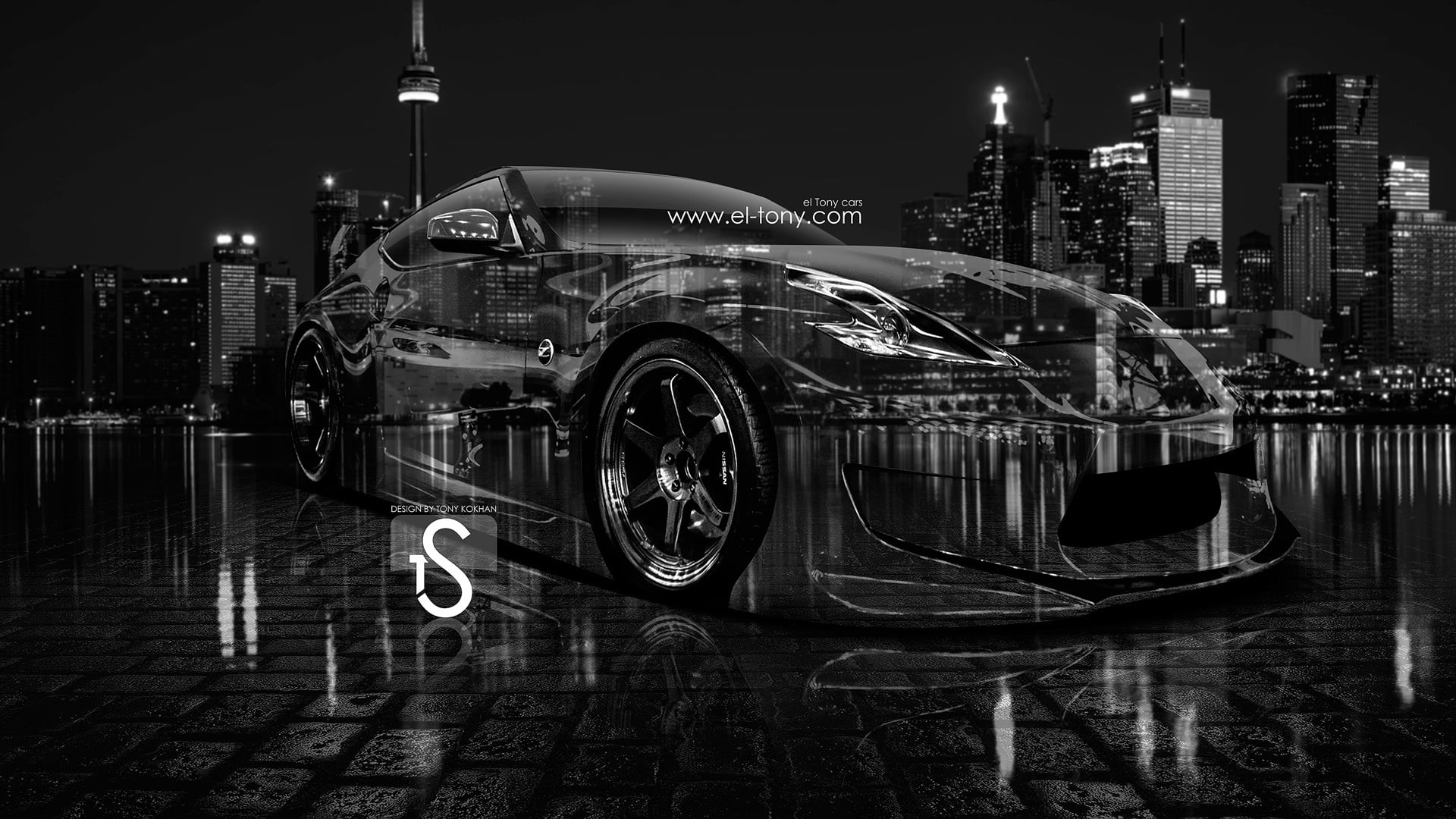 Night, The city, Nissan, Photoshop, design, Black, White, 370Z