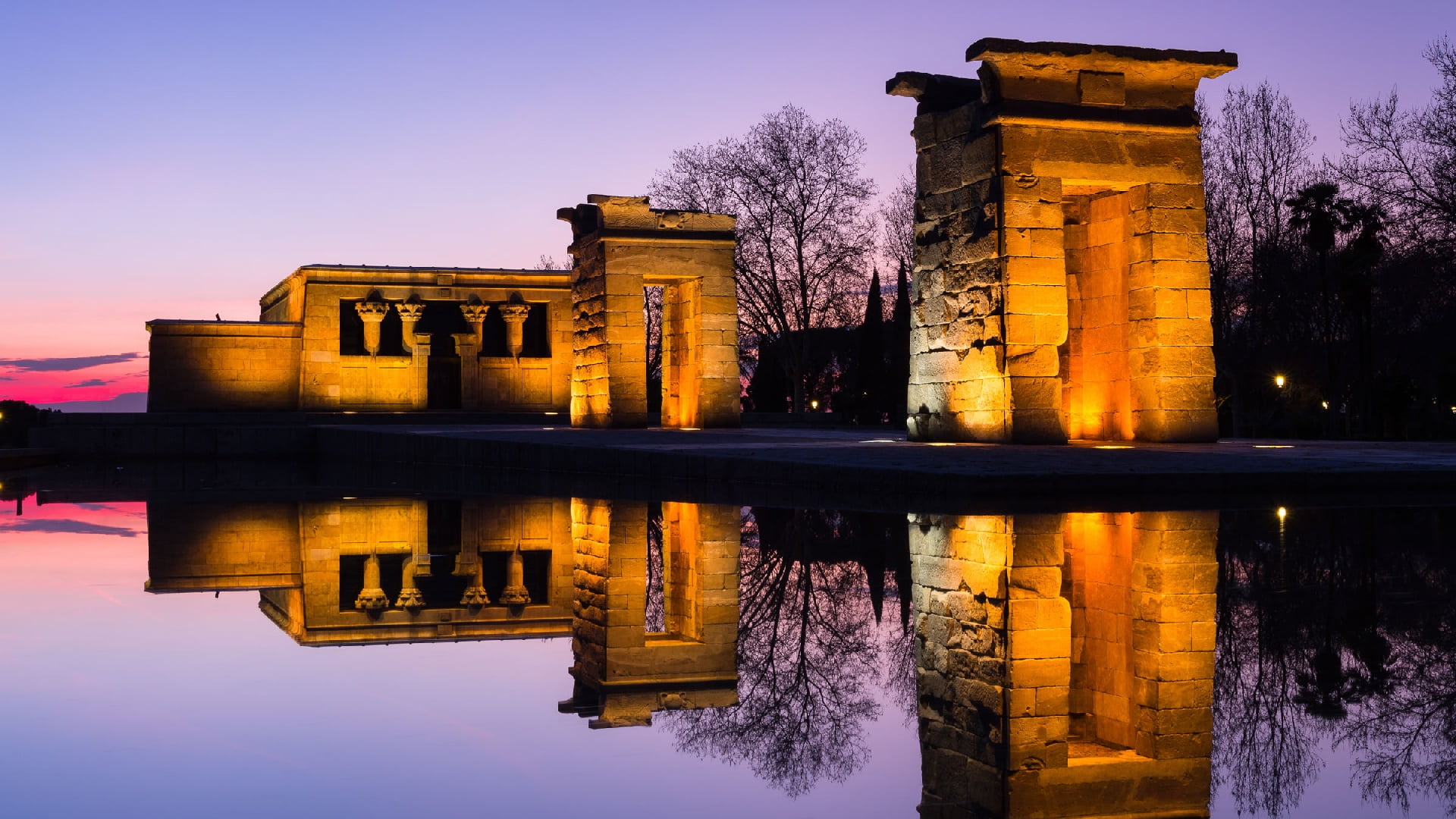 reflection, night, evening, historic site, debod, madrid, temple of debod