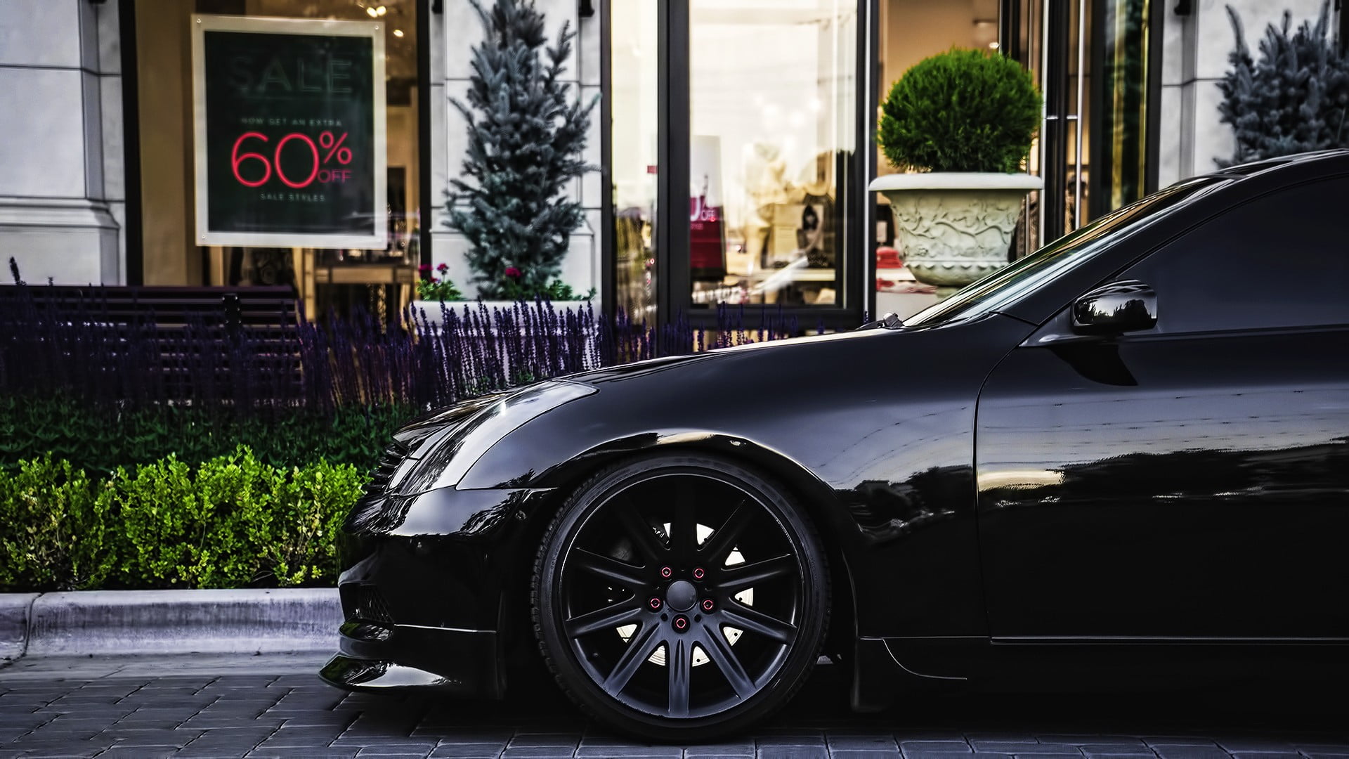 black car parked in front of store, Infiniti, G35, transportation