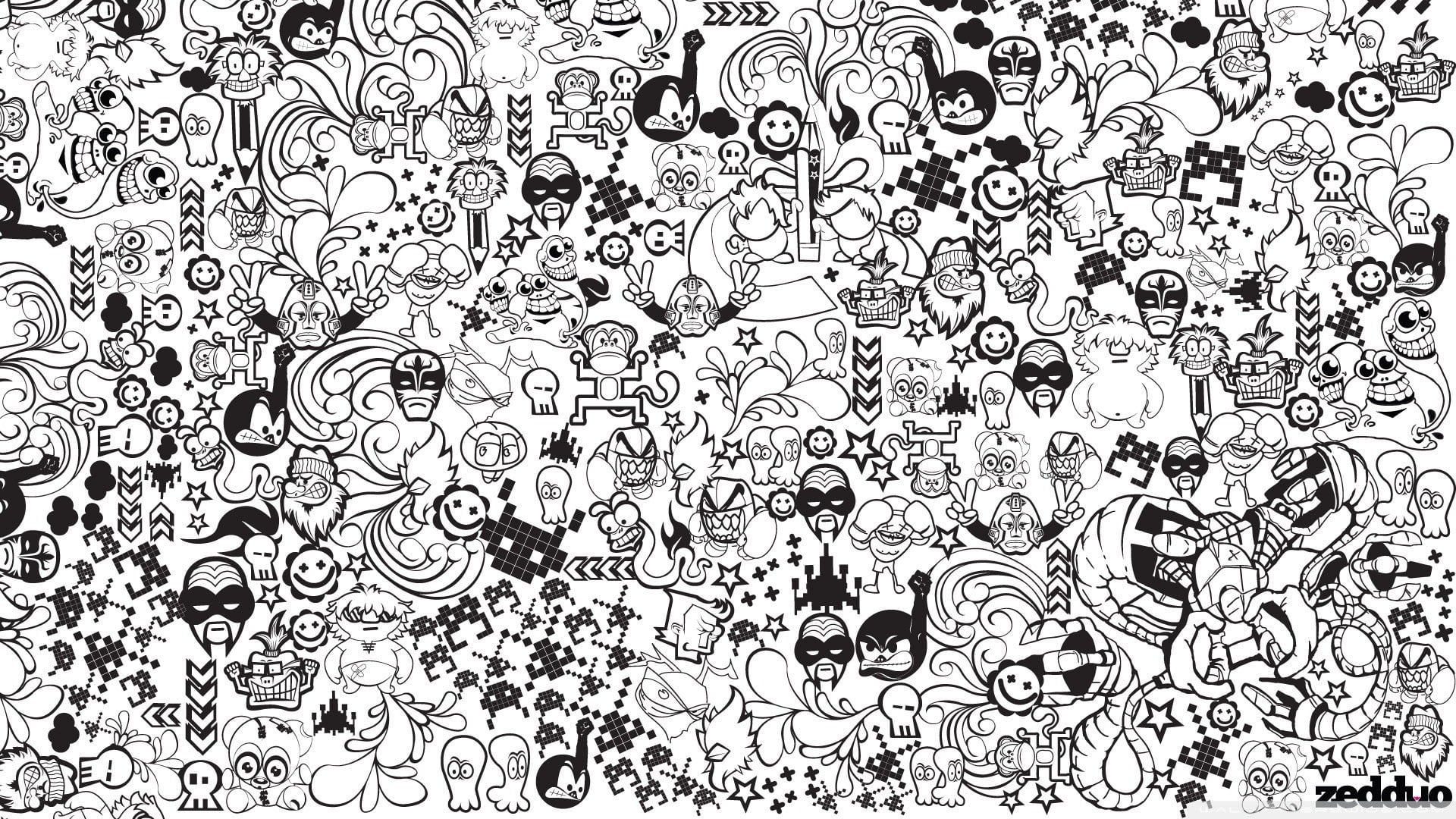 black and white anime illustration, drawing, doodle, backgrounds