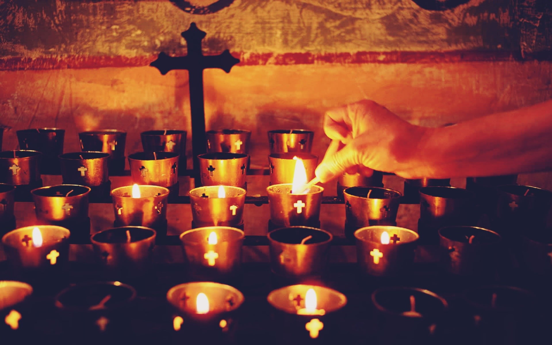cross, lights, candles, hands, Christianity, human hand, burning
